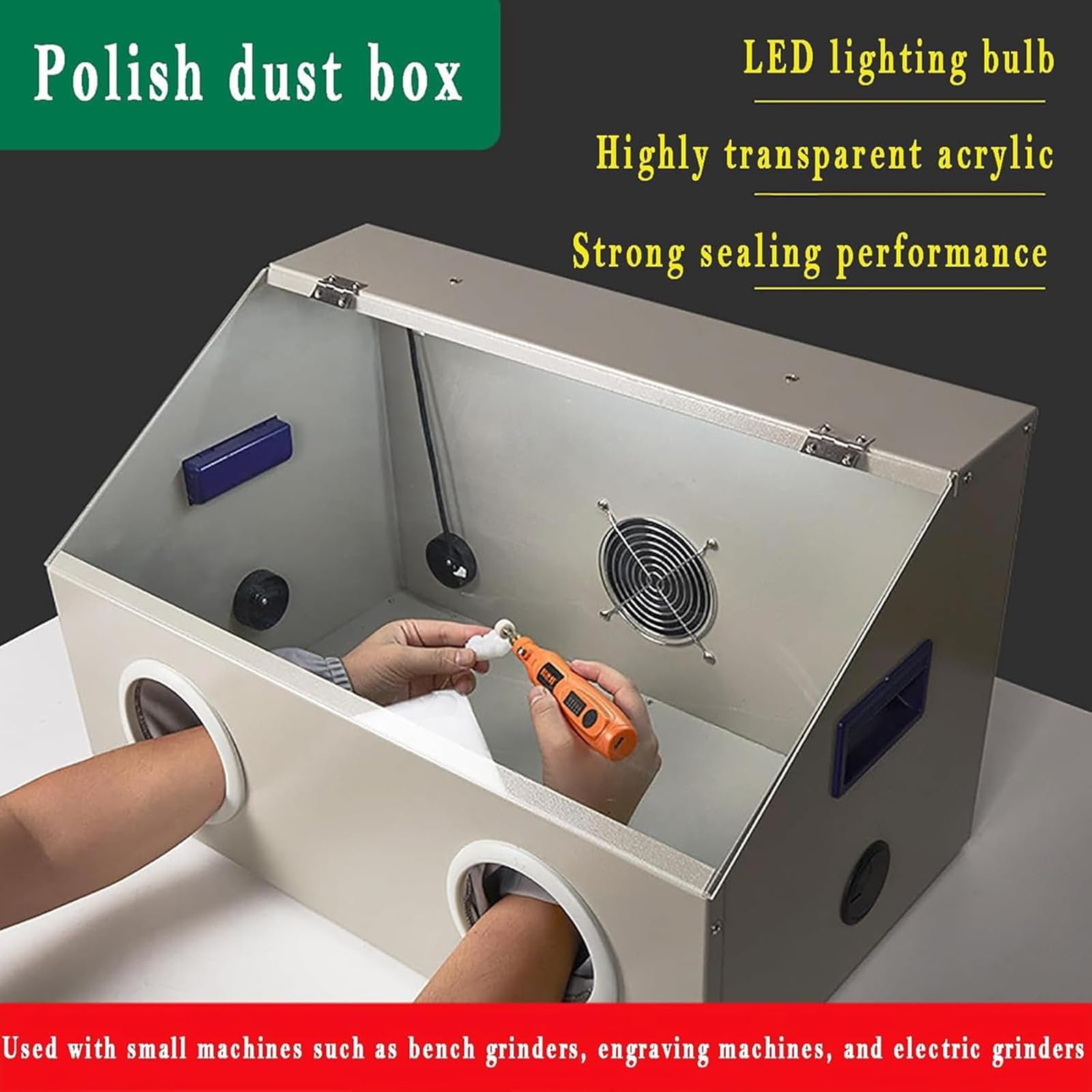 Caja colectora de polvo con luz LED y ventana transparente, potente ventilador de 2800 RPM para grabar, moler, pulir, taladrar y cortar