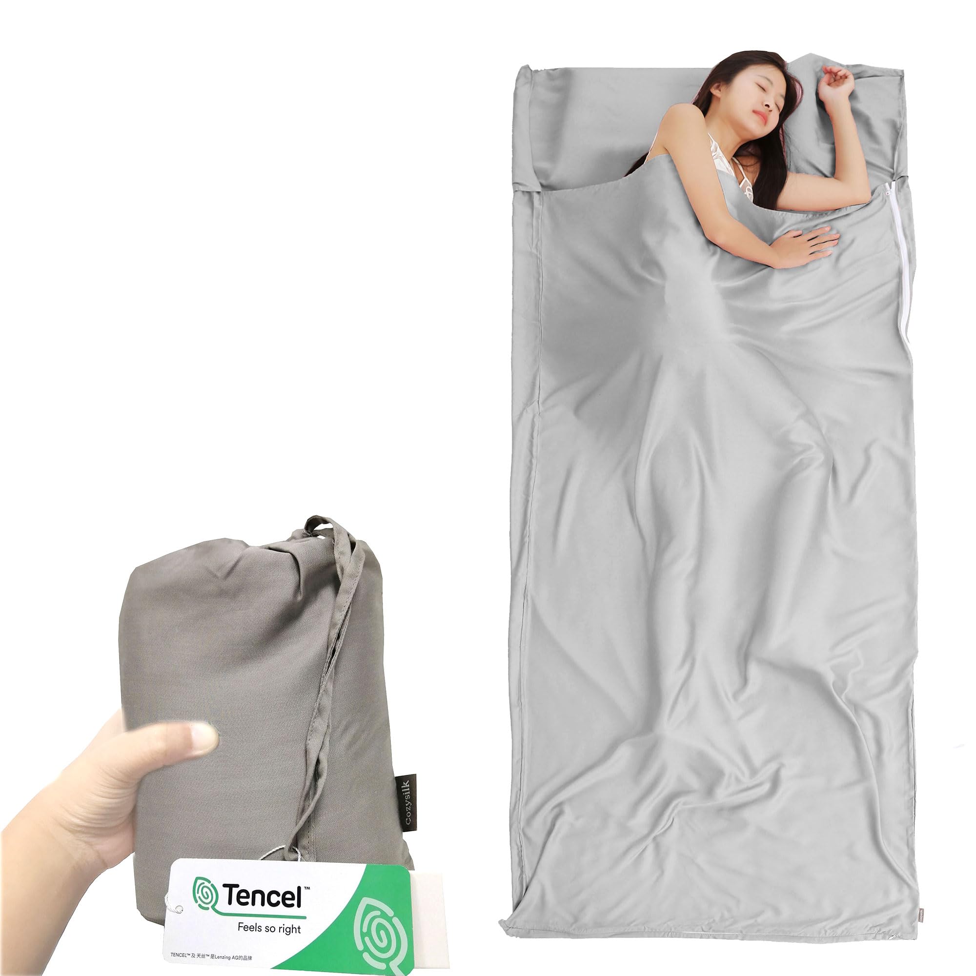 Cozysilk Tencel Lyocell Sleeping Bag Liner with Zipper - 100% Austrian Lenzing AG Tencel - Soft Silky Smooth Sleep Sack Adult - Travel Sheet for Hotel (Light Grey, Single - 41 x 87 inch)