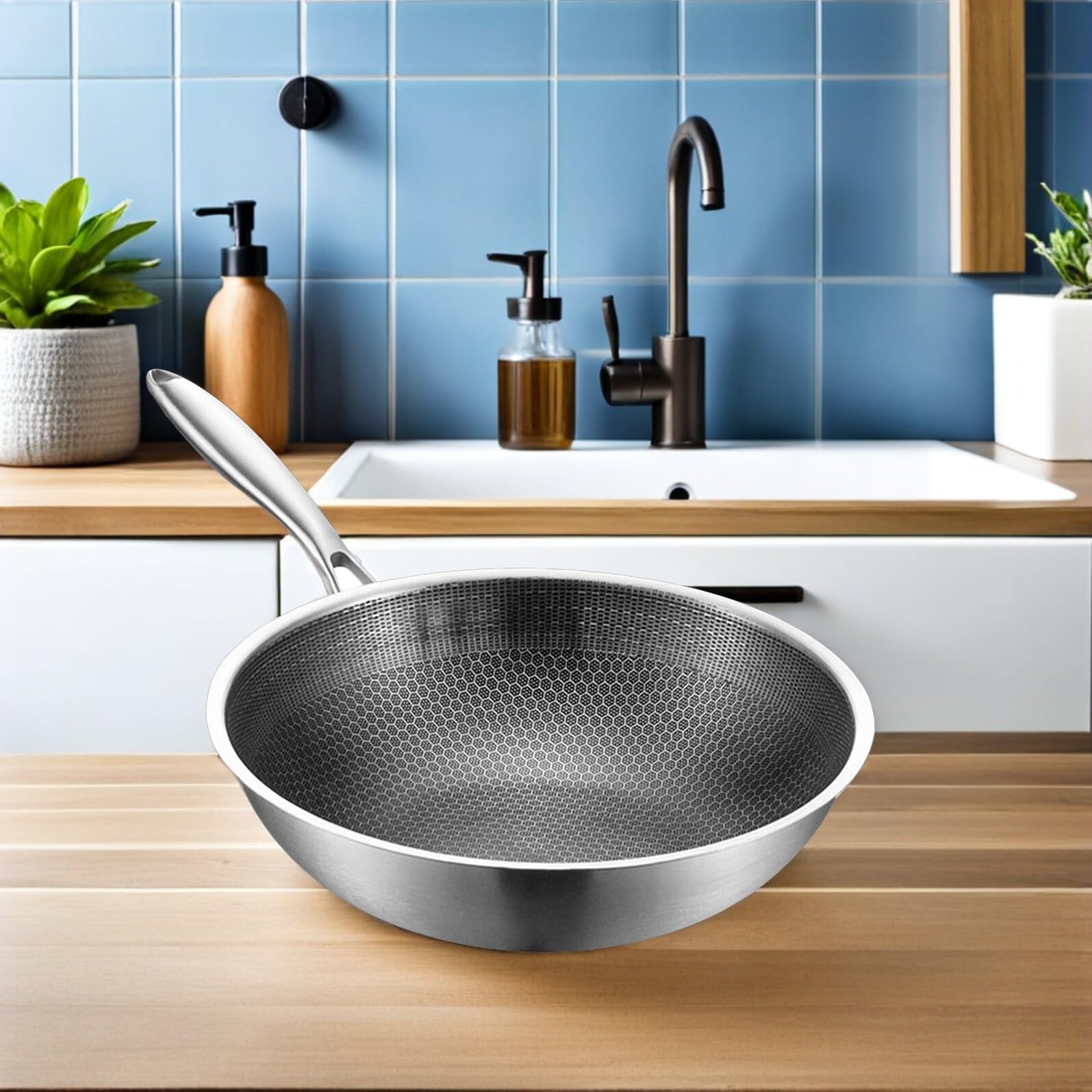 UPKOCH Padella Wok in Acciaio Inox 20.5 Pollici Con Rivestimento Antiaderente a Nido D'Ape Manico Ergonomico Riscaldamento Rapido E Uniforme Per Cucina Professionale E Uso Quotidiano