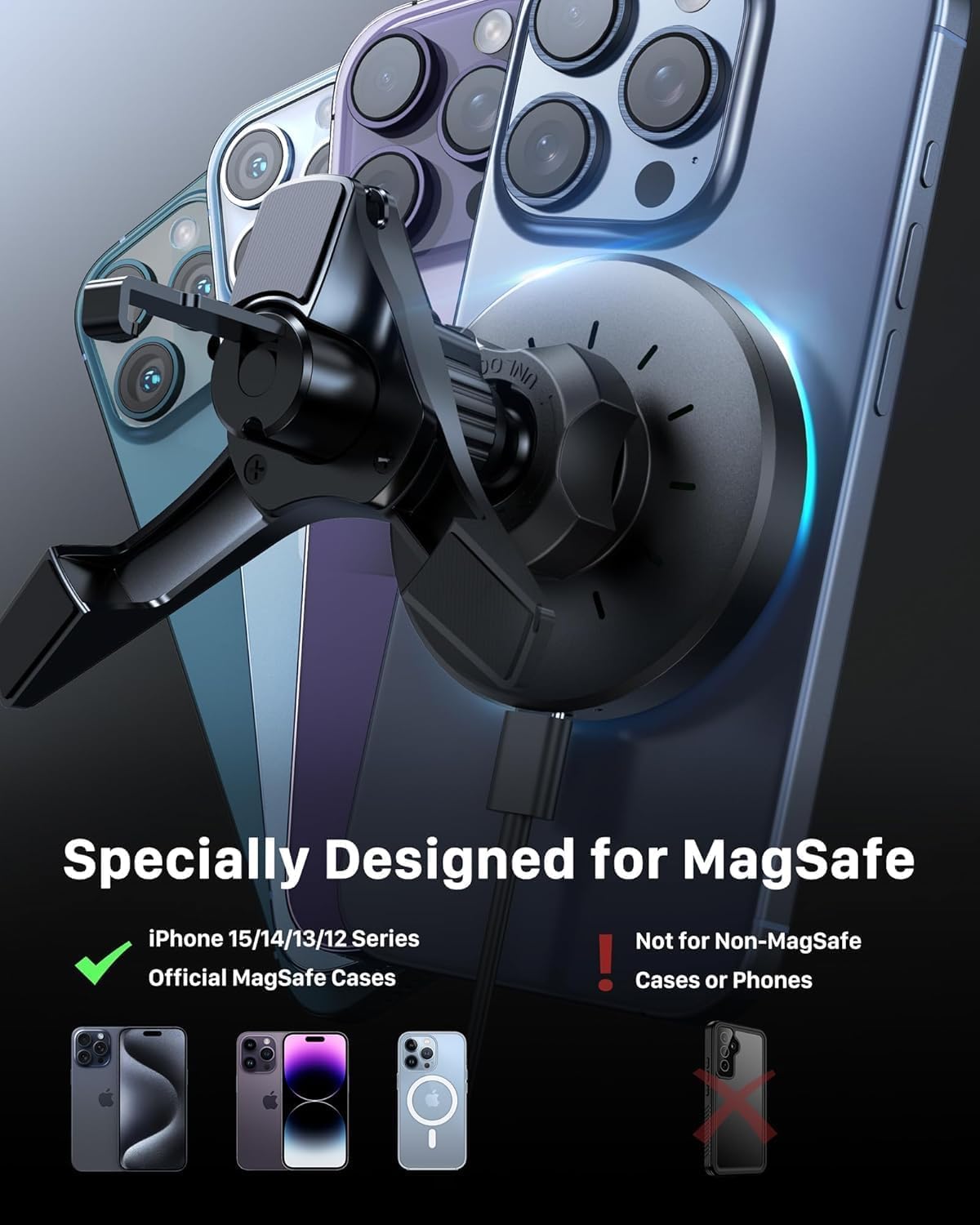 YOSH pour MagSafe Support Téléphone Voiture 15W avec Charge sans Fil, pour Grilles Rondes, Aimant Puissant & Triangulaire Stable, Compatible Mercedes A/B/C/V/GLC/Sprinter, Chargeur Allume-Cigare 60W