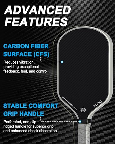 Miniatura 3 de Paleta de pickleball - Superficie de fibra de carbono cruda 3K (CFS) + superficie de abrasión de carbono (CAS) con grano alto y giro, mango alargado