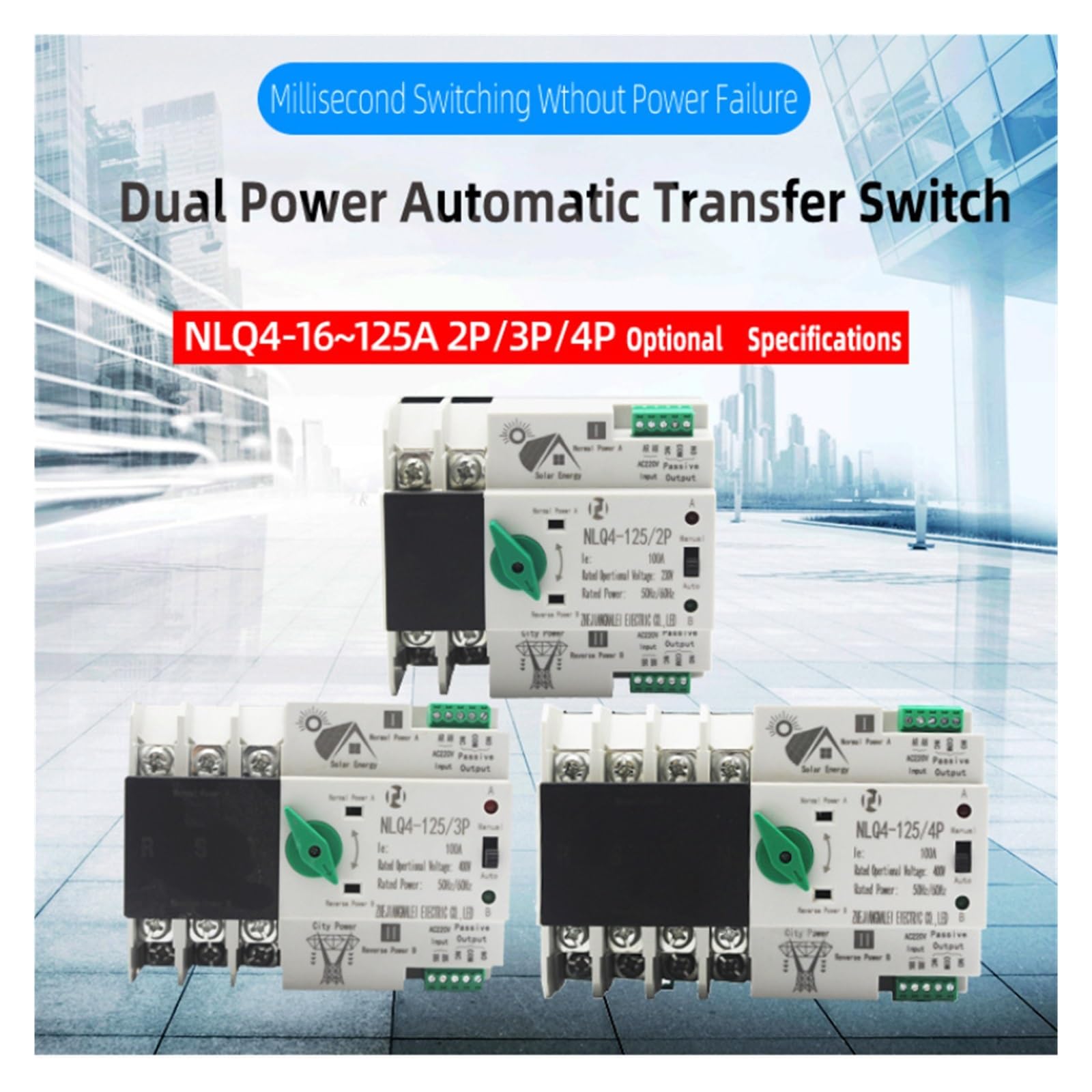 Fuente de alimentación Inversor fotoico de 230V, modelo de conmutación de potencia continua, Doble potencia, interruptor de conversión automática NLQ4-125/2P 63A 100A 16A-125A(2P 100A)
