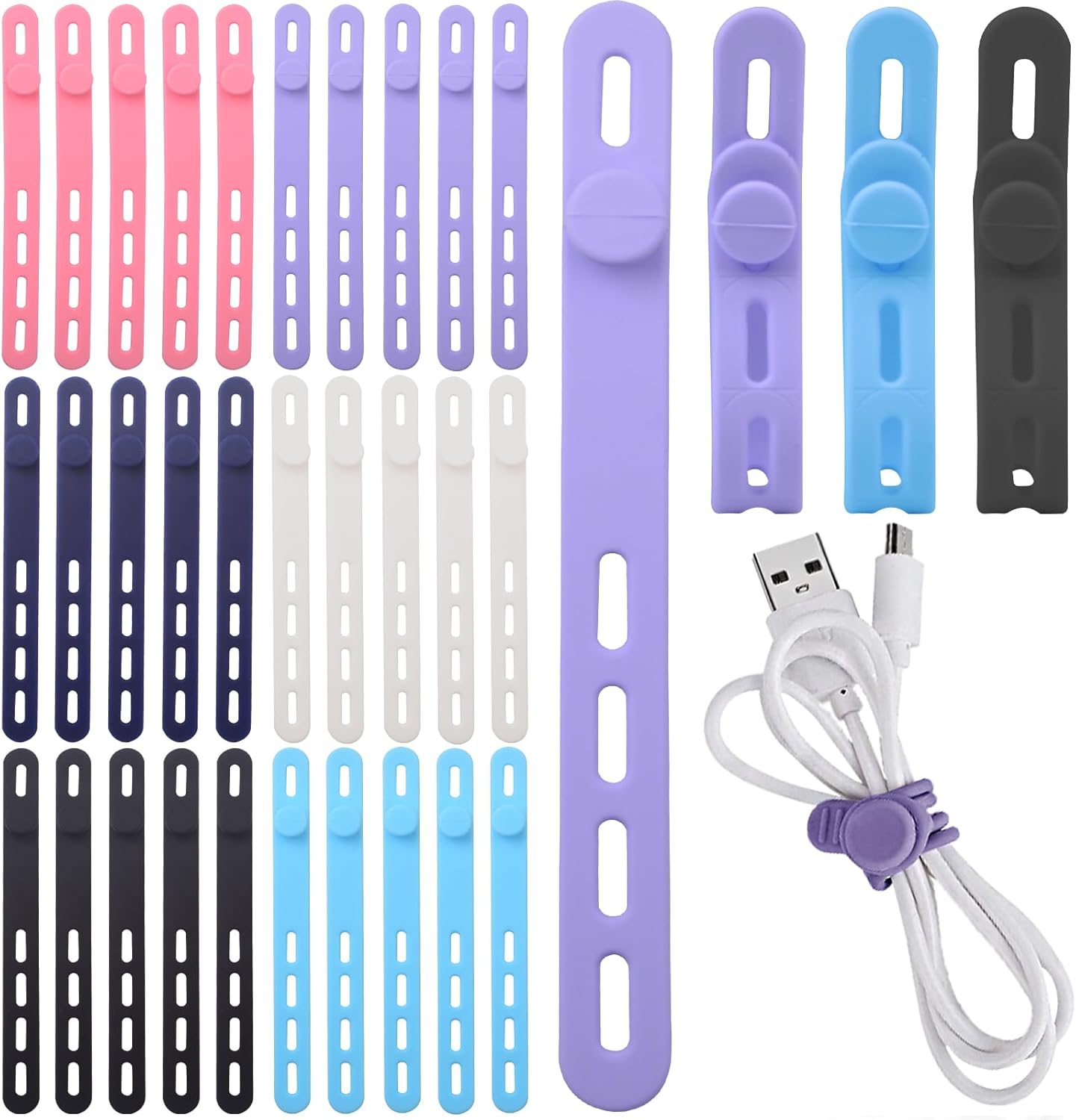 30Pcs Silicone Cable Ties, Reusable Cable Straps Wire Organizer Locking Buckles Data Cable Management Cord Organizer for Fastening Cords Wires Earphone Phone Chargers Appliances