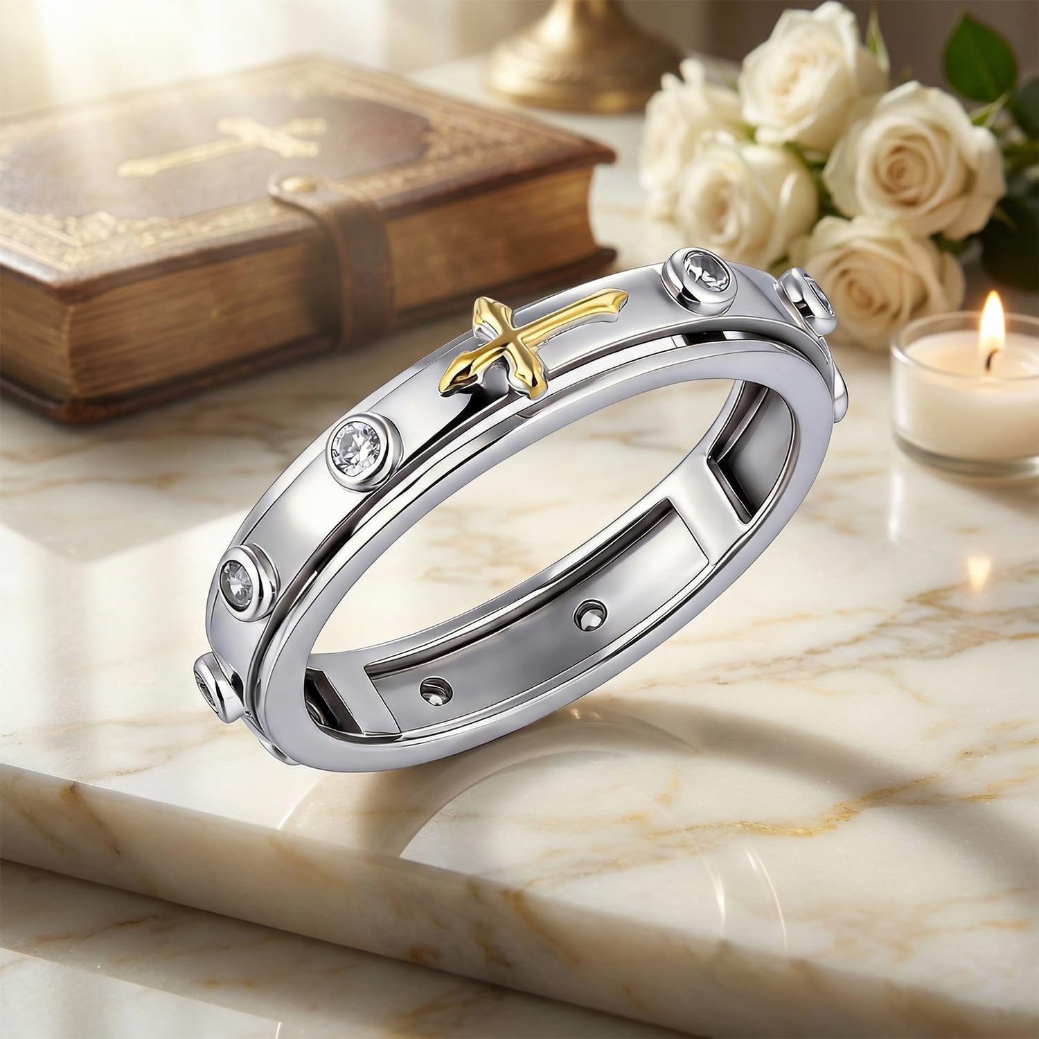 Rosary Ring 925 Sterling Silver Cross Anxiety Rings Cross Rosary Jewelry Gifts for Women #7