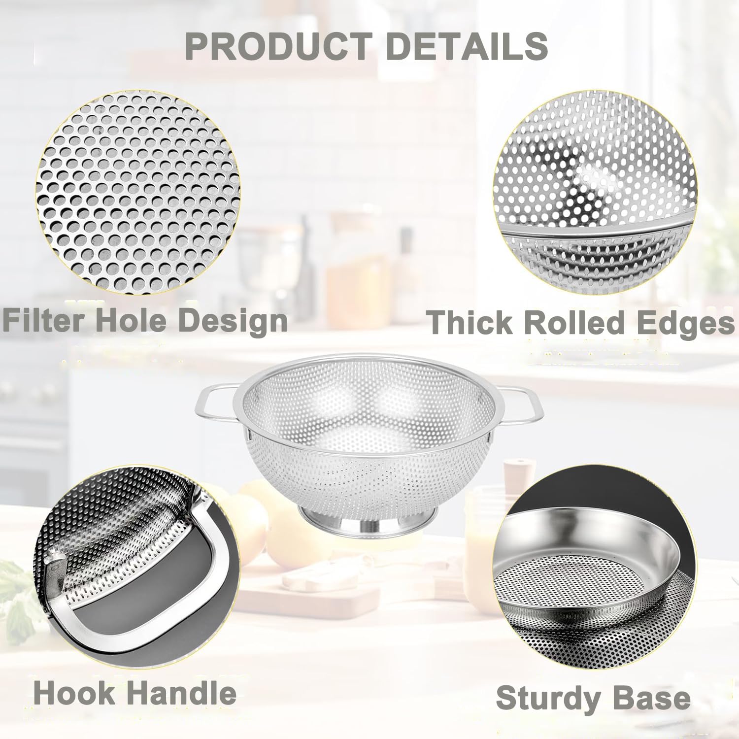 Scolapasta Microforato in Acciaio Inox Ø 28,5 cm Filtro Professionale con Manici Heavy Duty e Autodrenante Solido Anello Base Scolapasta per Quinoa, Cereali, Riso, Frutta, Verdura e Pasta