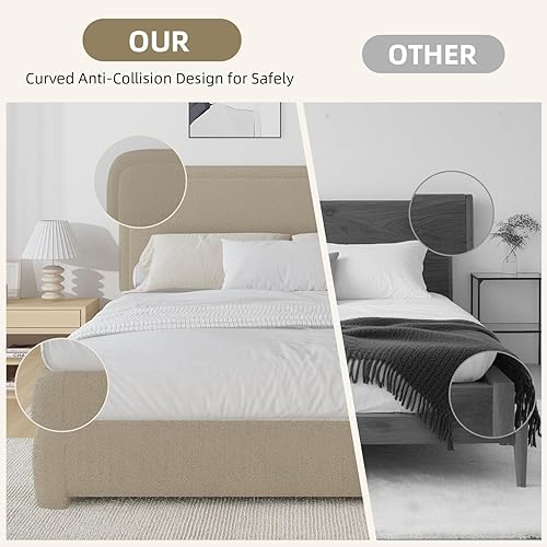 Miniatura 6 de BarnFurin Cloud Boucle - Base de cama de tamaño matrimonial, plataforma tapizada con cabecero, esquinas redondeadas suaves, no requiere somier,