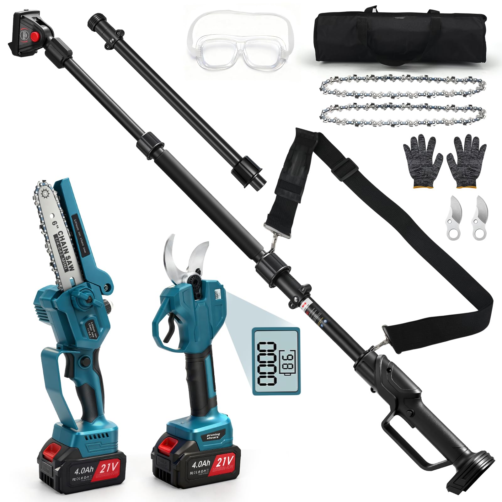4-in-1 Hochentaster Akku & 55 mm Teleskop Astschere Set mit 2 x 4Ah Akkus