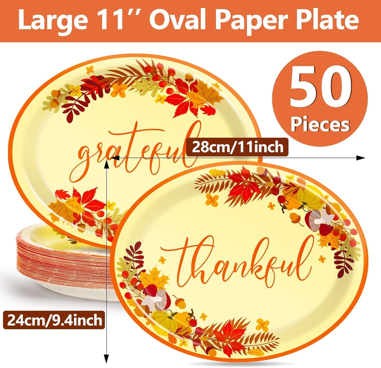 Qyeahkj 50 PCS Thanksgiving Oval Paper Plates Large 11” Heavy Duty Disposable Give Thanks Plates Fall Party Decorations Autumn Maple Leaf Serving Tray Fall Party Tableware Set