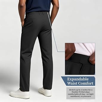 Mens Classic Fit Flat Front Casual Pants Expandable Waist Khaki Chinos Pants Men
