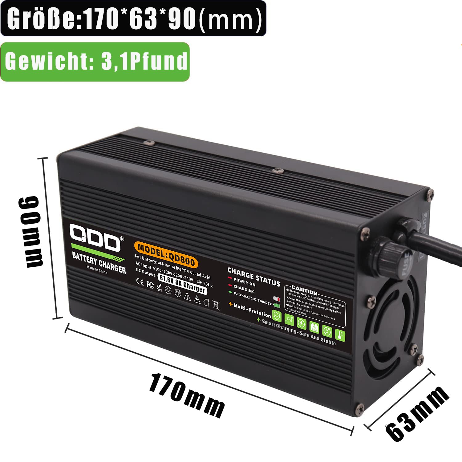 QDD 87,6 V 8 A czarna ładowarka 72 V LiFePO4 bateria Smart ładowarka do baterii 24S 72 V LiFePO4 z C13 N+L-