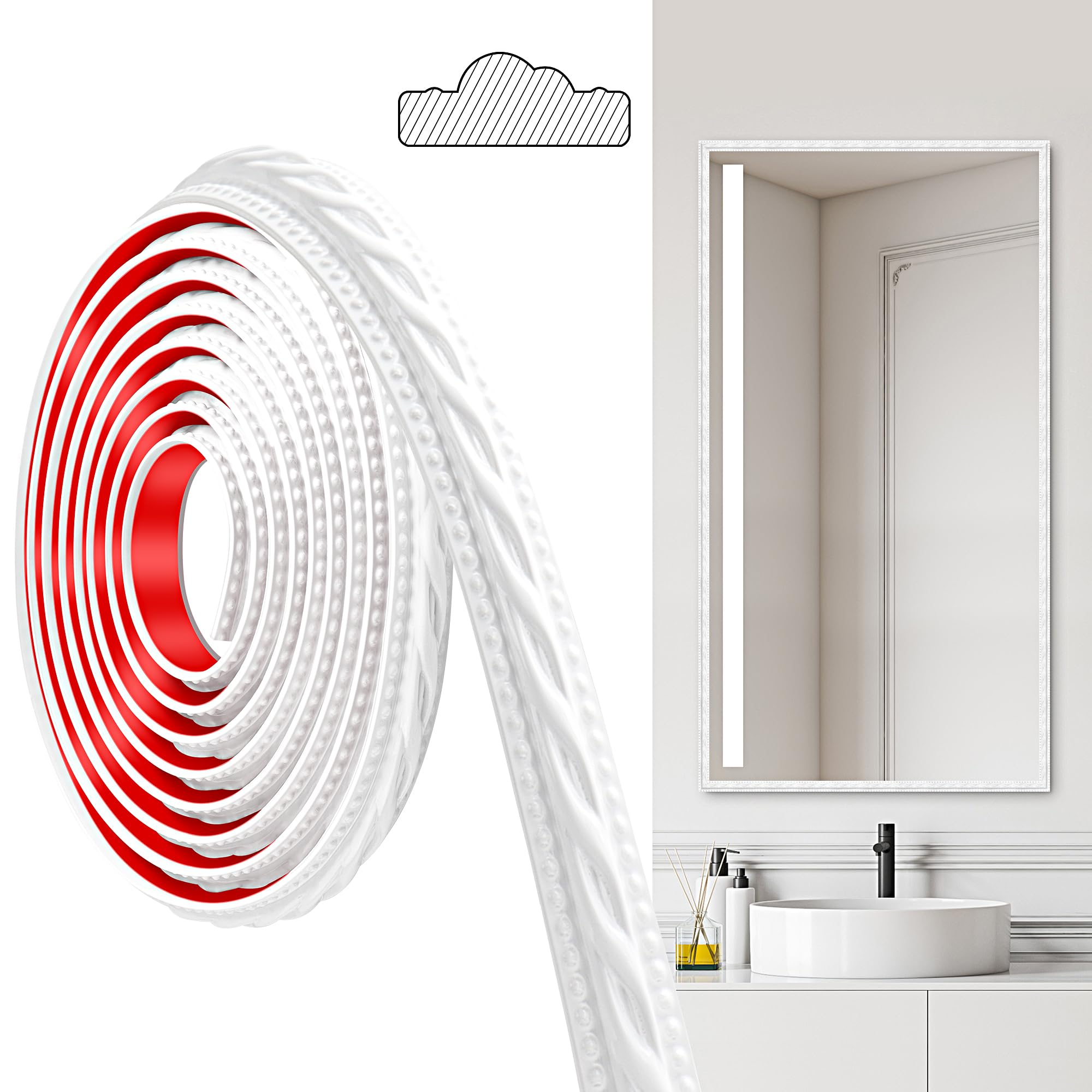 JUNART PVC Moldings Trim, 300cm×2cm, Peel and Stick Self-Adhesive, Coving for Ceilings, Wall Moldings for Wall Edge, Mirror Frames, Ceiling, Skirting Boards, Cabinet(White)