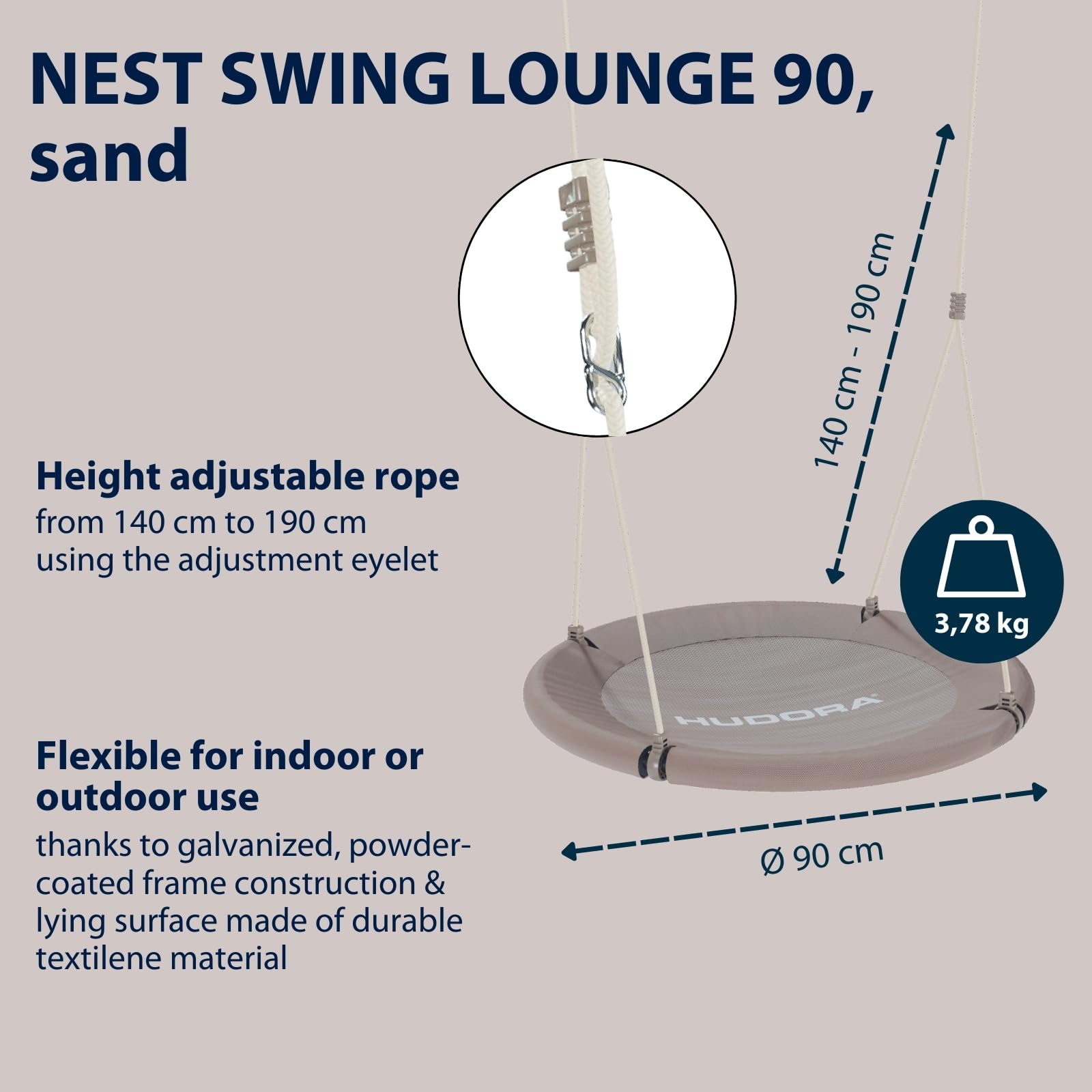 HUDORA Huśtawka gniazdowa Lounge – huśtawka z regulacją wysokości o średnicy 90/110 cm, do 150 kg, huśtawka wisząca z zamkniętym siedziskiem, do użytku wewnątrz i na zewnątrz