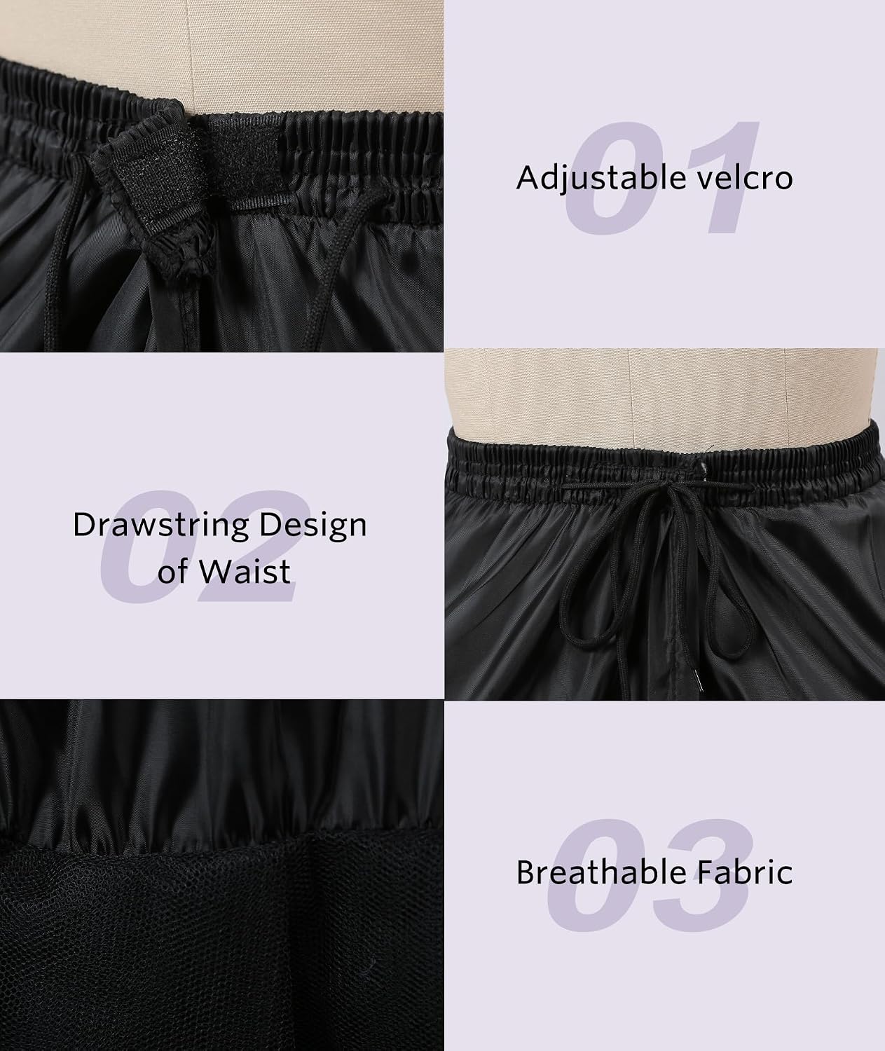 A-Line Hoopless Petticoat with 4 Layers of Floor-Length Tulle | 4-tier hoopless A-line design, adjustable drawstring elastic waist, ultra-lightweight and easy to care