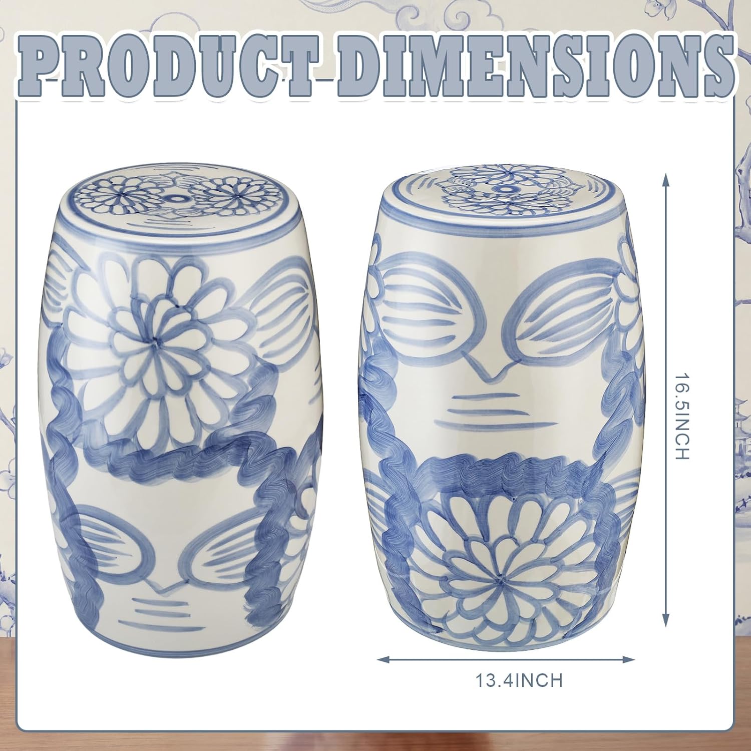 Novabright 17" Ceramic Garden Stool Blue and White Gardening Stool Decorative Chinoiserie Ceramic Drum Seat Castle Gardens Collection Chinese Small Table Bohemian for Indoor Outdoor Patio Living Room