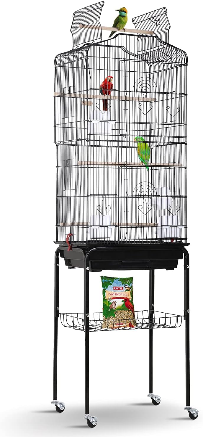 HCY Open Top Standing Bird Cage 64 Inch with Rolling Stand for Parakeets Cockatiel Parrots Lovebirds Medium Small Bird Cage-Black, L18 * W14 * H62 inches