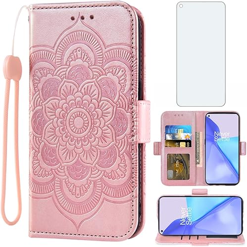 Funda compatible con OnePlus 9 OnePlus9 5G y protector de pantalla de vidrio templado, funda abatible para tarjetas de crédito, fundas para teléfono
