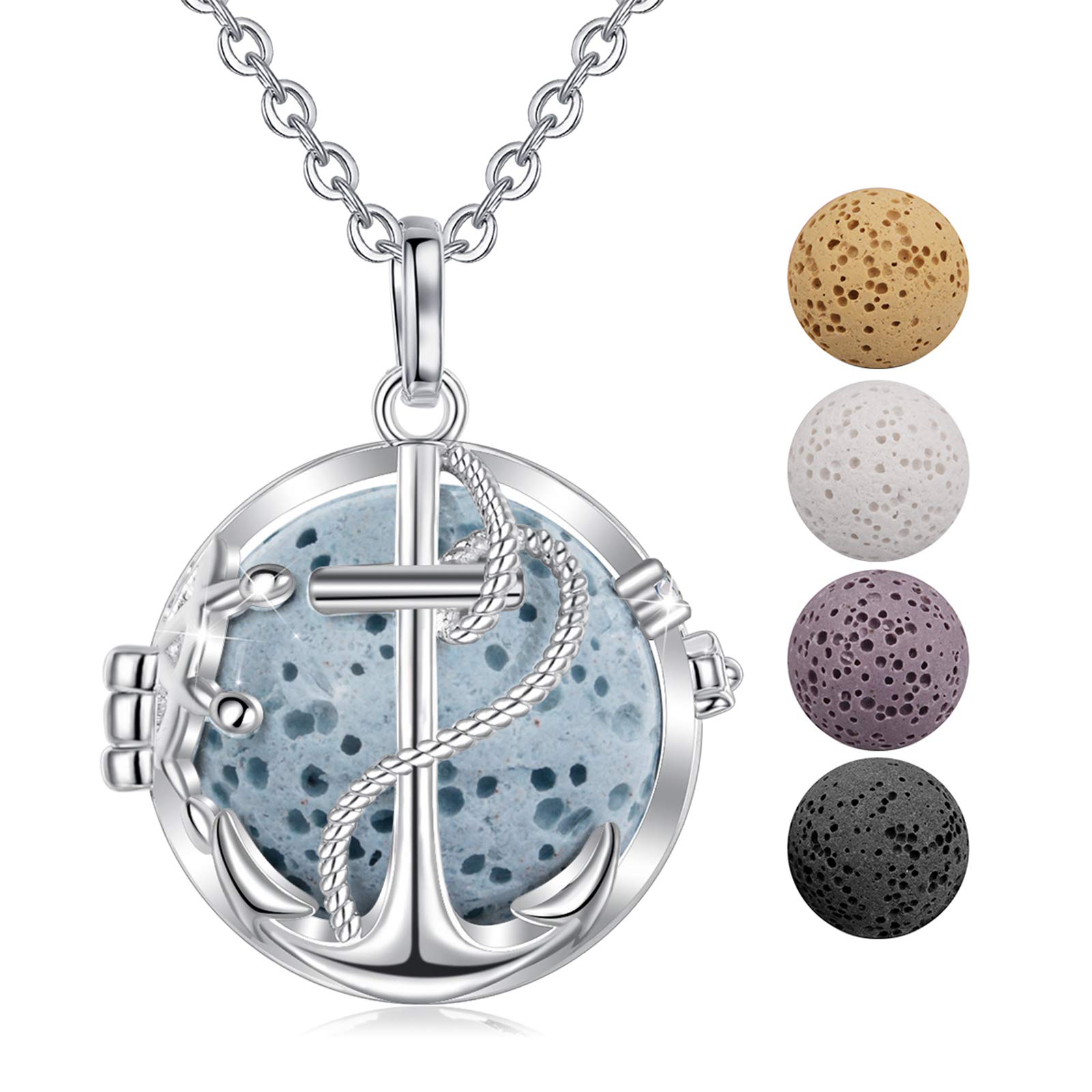 AEONSLOVE Diffuser Necklace, Ship Anchor Aromatherapy Essential Oil Diffuser Lava Stone Locket Pendant Necklace, 5PCS Lava Rock Stone Beads Gifts for Women Girls