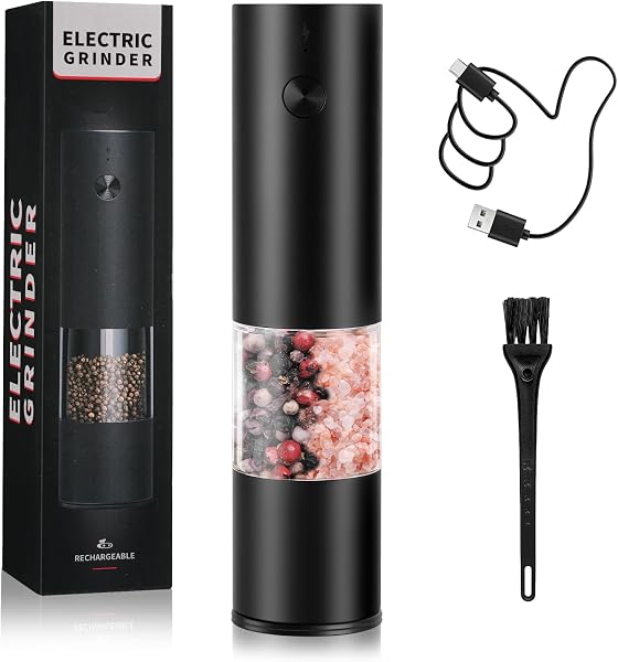 AXFEE Electric Salt and Pepper Mill, USB Rechargeable, Salt and Pepper Grinder, Automatic, Adjustable Roughness, with Sliding Dust Cover, Perfect for Kitchen - 1