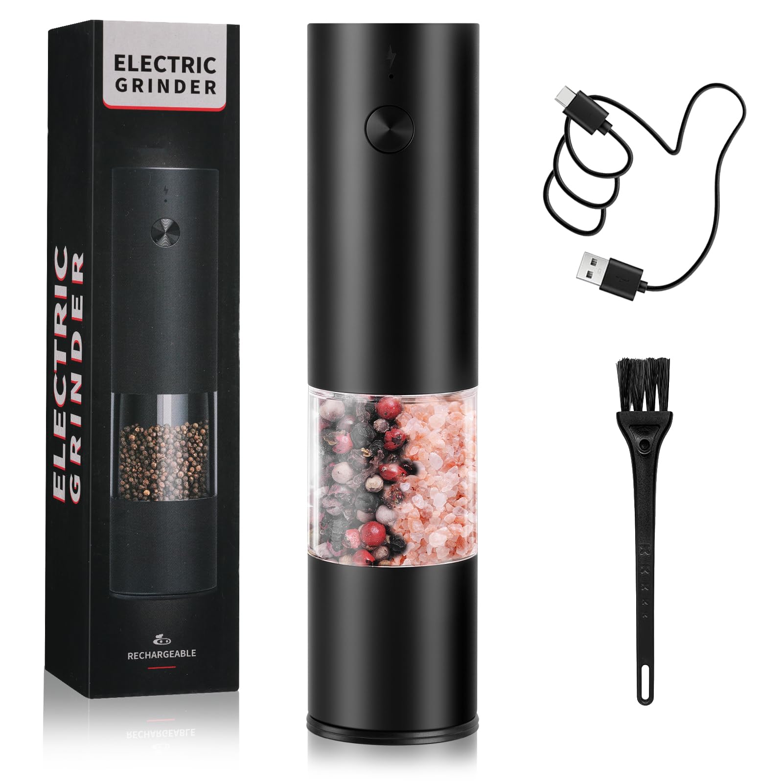 AXFEE Electric Salt and Pepper Grinder, Rechargeable Automatic Salt and Pepper Mill Grinders, Adjustable Coarseness Grinder with 75ml Container for BBQ, Kitchen, Restaurant, Camping