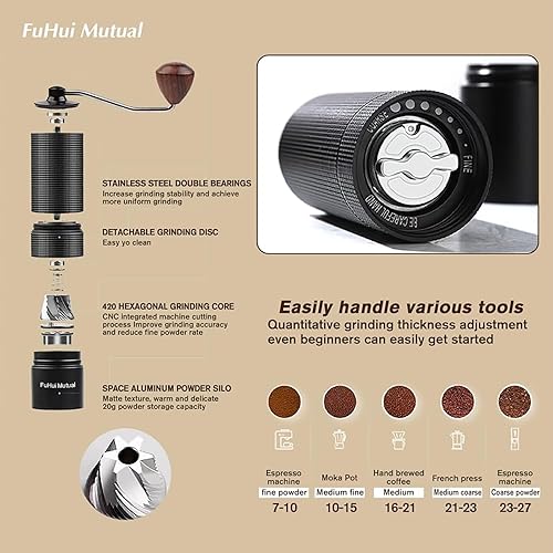 Miniatura 2 de Molinillo manual de granos de café con grosor ajustable, fresas cónicas de acero inoxidable CNC de 6 núcleos, molino de grano de café portátil para
