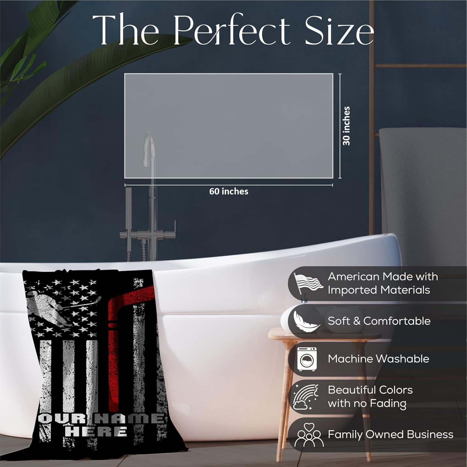 Personalized Kid’s Microfiber Beach Towel with American Flag and Hockey Player Stick Graphics for Boys, Custom Name, Soft and Absorbent Cotton, Quick Dry Pool, Bath, Travel Use, 30” x 60”