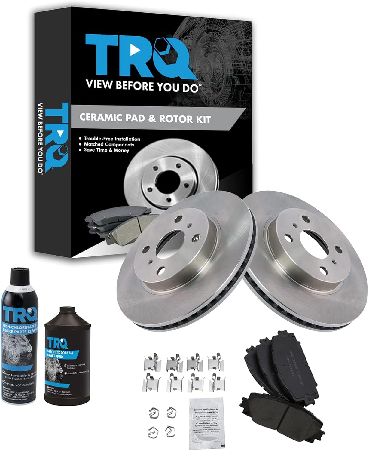 TRQ Front Brake Pad & Rotor Kit Brake Chemical Kit Brake Pads Brake Rotor Ceramic Vented Compatible with 2013 Scion iQ 2012-2019 Toyota Prius C 2007-2018 Yaris