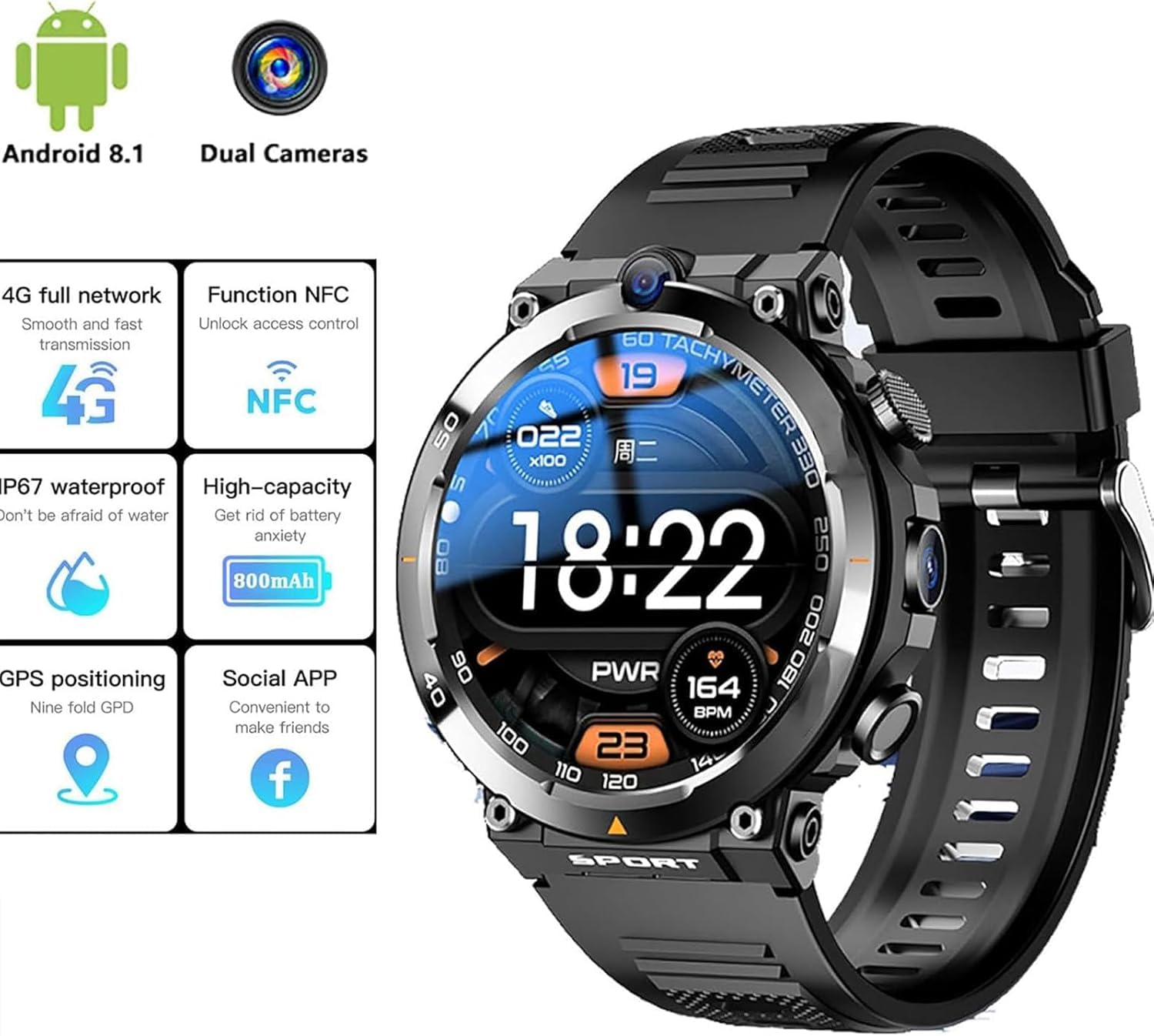 Karta Sim 4g Smartwatch, Okrągły Ekran 1,39 Cala/Podwójny Aparat/Z Tętnem/Ultra Cienki Korpus/Pozycjonowanie Nfc, Prezenty Dla Mężczyzn