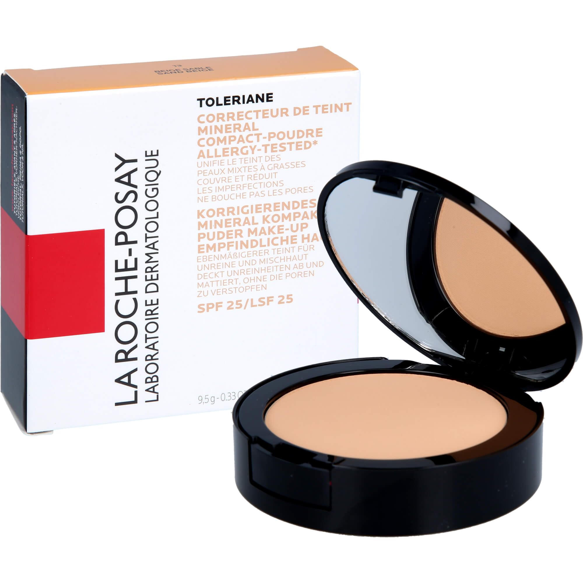 La Roche-Posay Toleriane Mineral Kompakt-Puder, Make-up für empfindliche Haut, Formel mit mattierenden Pigmenten und Perlit, Mittlere Deckkraft mit LSF 25, Farbe: Beige Sable Nr. 13, 9 g