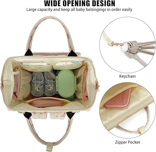 Miniatura 5 de Mochila de pana para pañales para mujer, bolsa de bebé de gran capacidad para mamá y niñas con correas para cochecito (flores rosas)