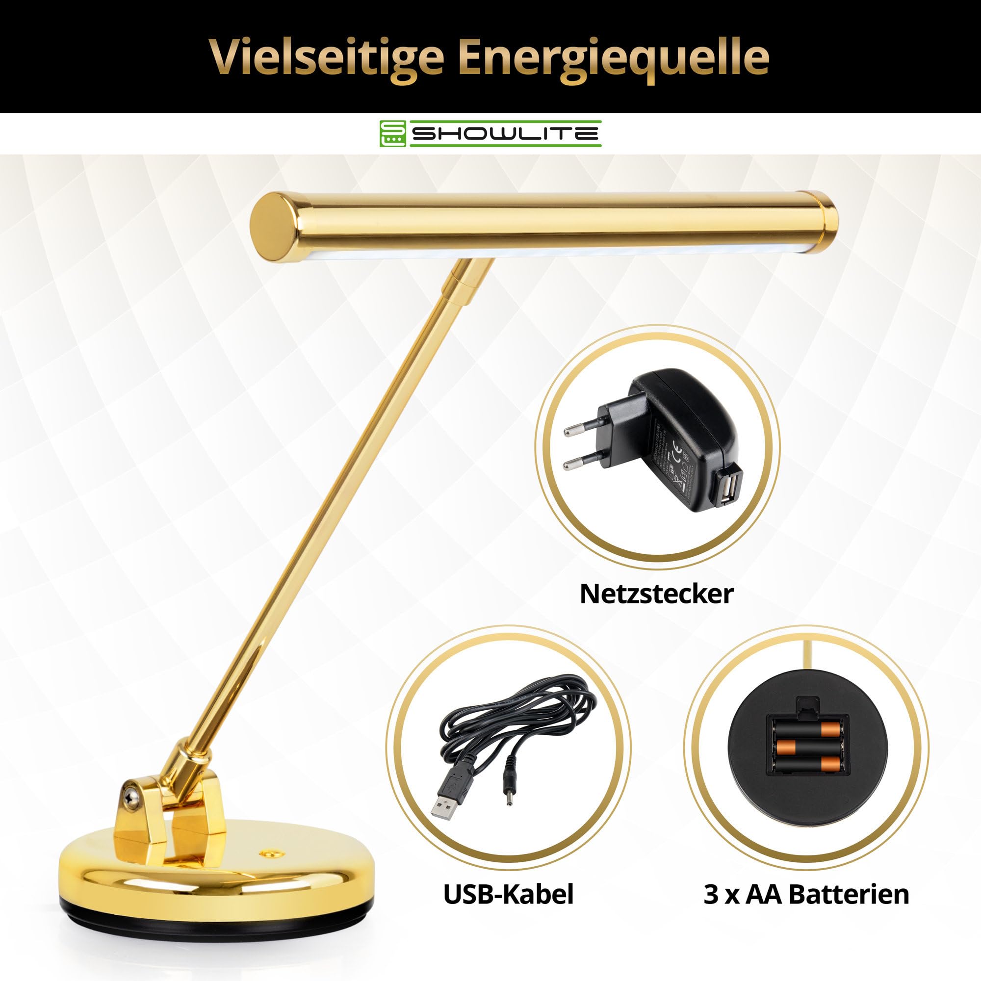 Showlite PL-1-GD-KW LED Lampada per Pianoforte - Lampada per pianoforte con 15 LED - luce bianco freddo a 2 livelli - altezza 36 cm - alimentazione via USB, rete o batteria - oro lucido