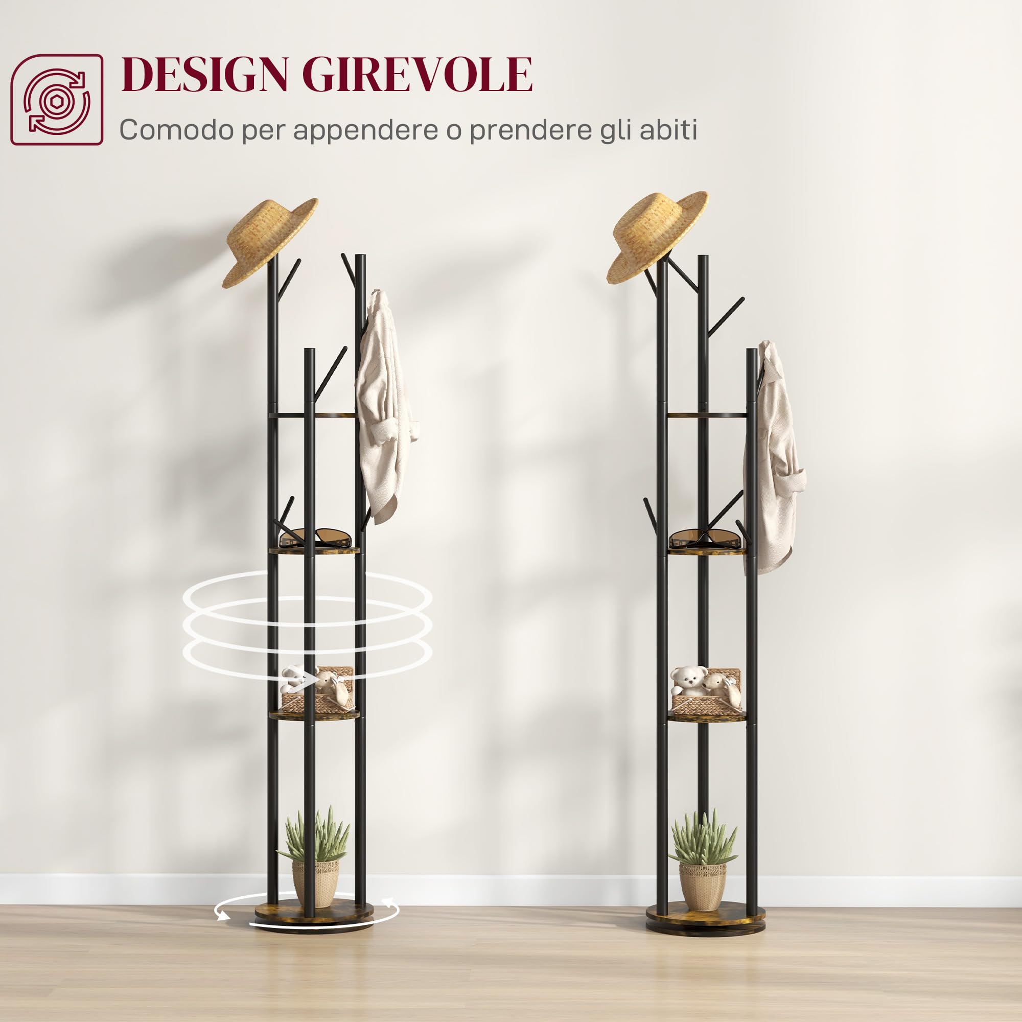 HOMCOM Appendiabiti da Terra Girevole con 8 Ganci e 4 Mensole, Attaccapanni Stile Industriale per Ingresso e Camera, Ø30x175cm, Marrone