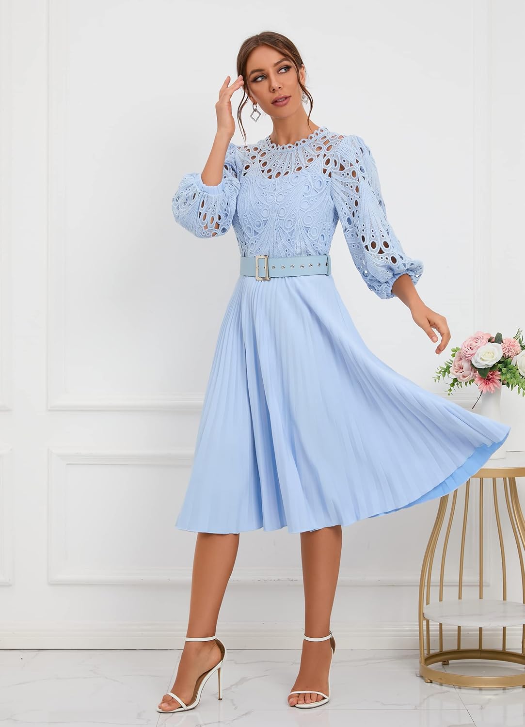 IWFEV Lace Pleated Dress Puff Sleeve Mid-Calf Short Sleeve Midi Dress Hollow Party Evening Dress - Image 6