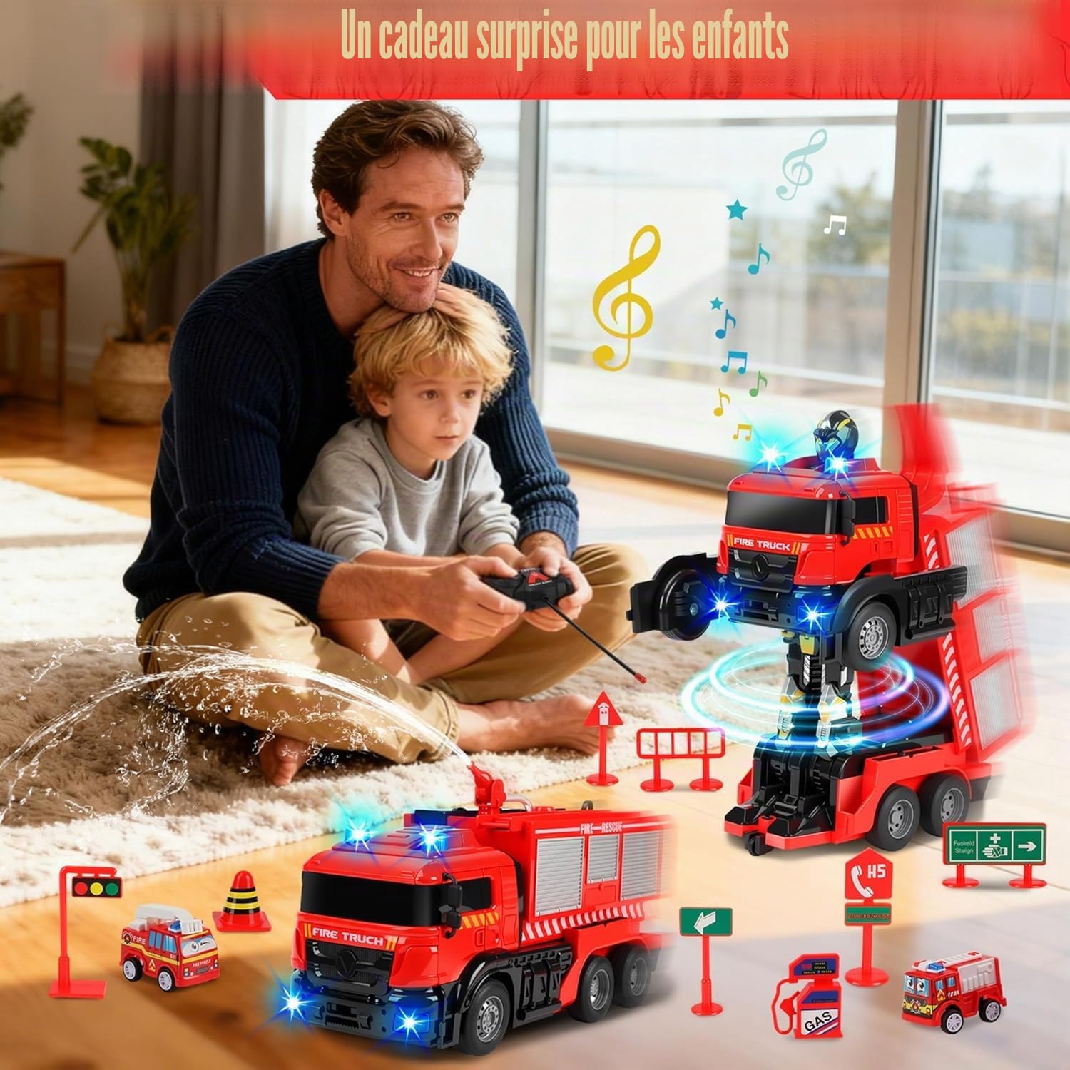 JONRRYIN Camion de pompiers télécommandé, 1:14 Grand jouet de pompiers avec lumière et son, jet d'eau, transformateur 2 en 1, voiture télécommandée jouet, voiture jouet enfants cadeaux de Noël