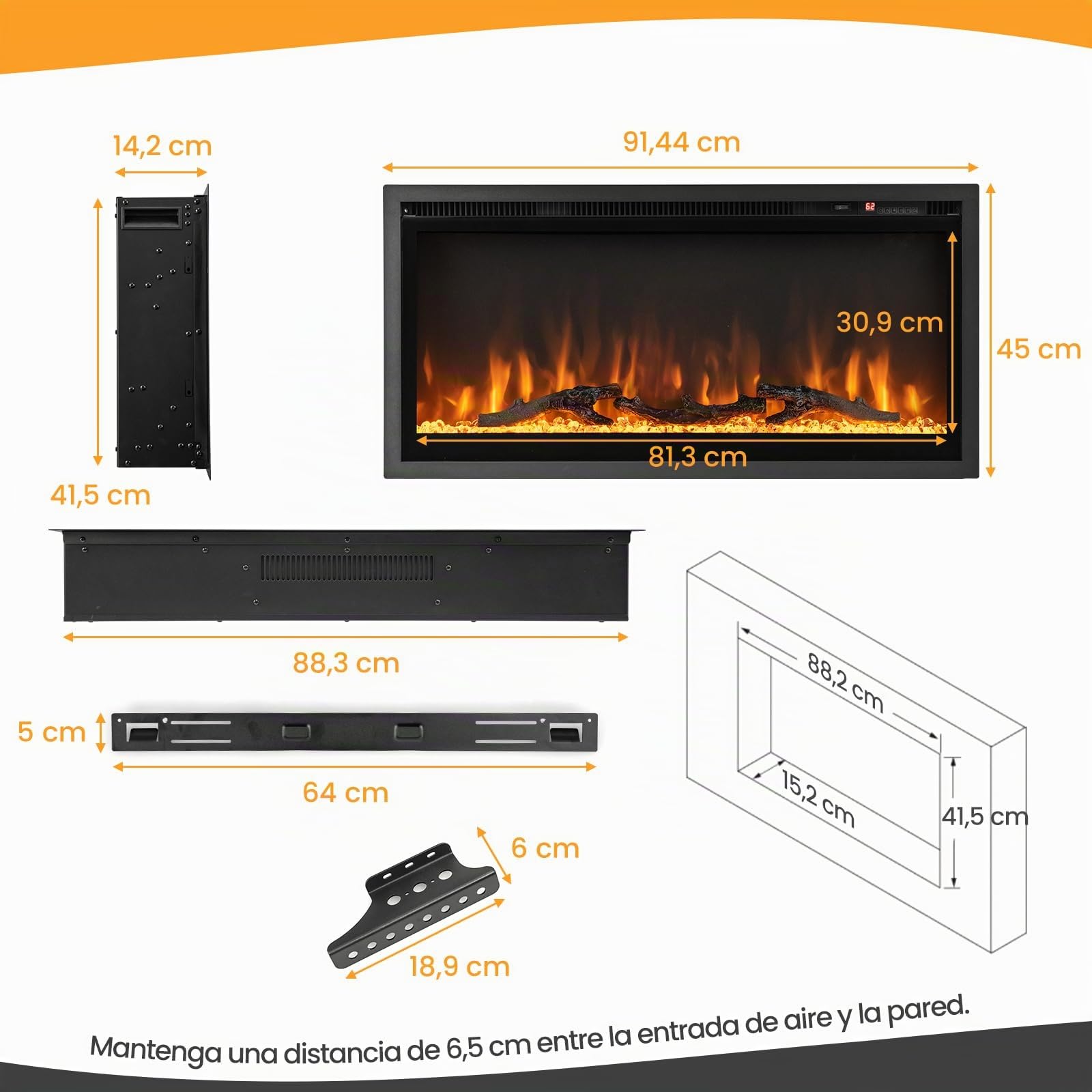 COSTWAY Chimenea Eléctrica de 91,5cm Empotrable en Pared, 750W/1500W Calentador con Control Remoto, Color y Brillo de Llama Ajustables, Termostato, Protección contra Sobrecalentamiento