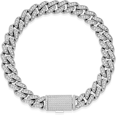 Silver Cuban Link Bracelet for Men - Chunky Iced Out Design with Full CZ & Moissanite - Ideal Men's Jewelry Gift & Hip-Hop Silver Bracelet for Men