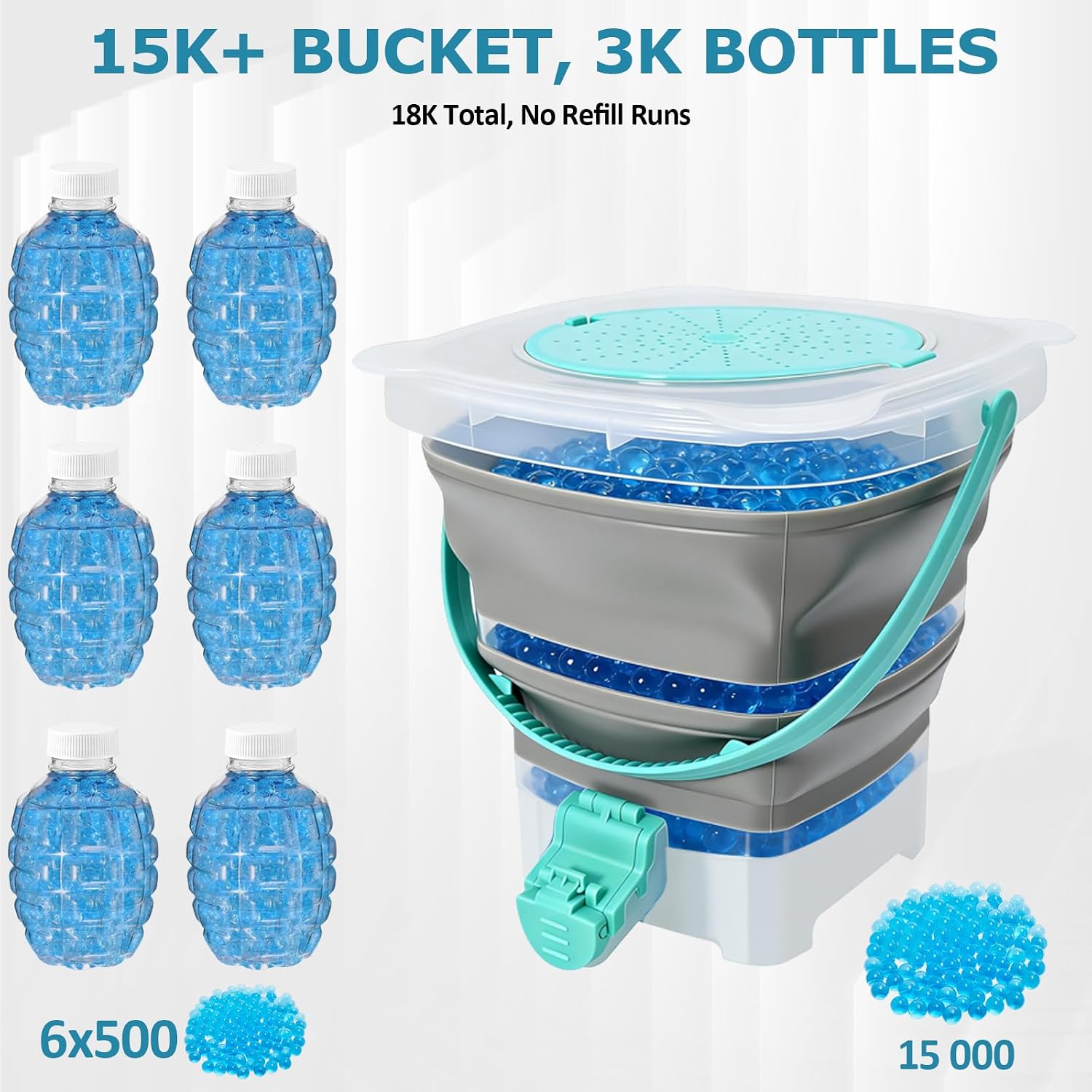 Large Capacity Gel Blaster Ammo Bucket with 6 Pack Gel Ball Bottle,Foldable Hydrogel Blaster Container for Holds 15,000 Hydrogel Balls
