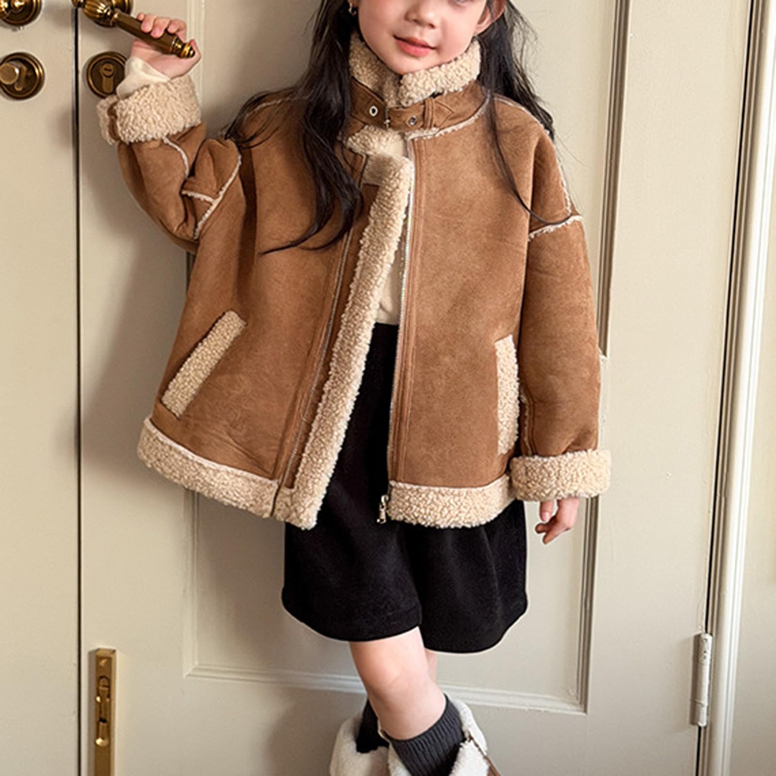 Giacche in finta pelle scamosciata per bambini, foderate in pile, cappotto caldo e soffice, cappotti in pelle di orsacchiotto, invernali, calde, comode, morbide, giacche scolastiche, abbigliamento