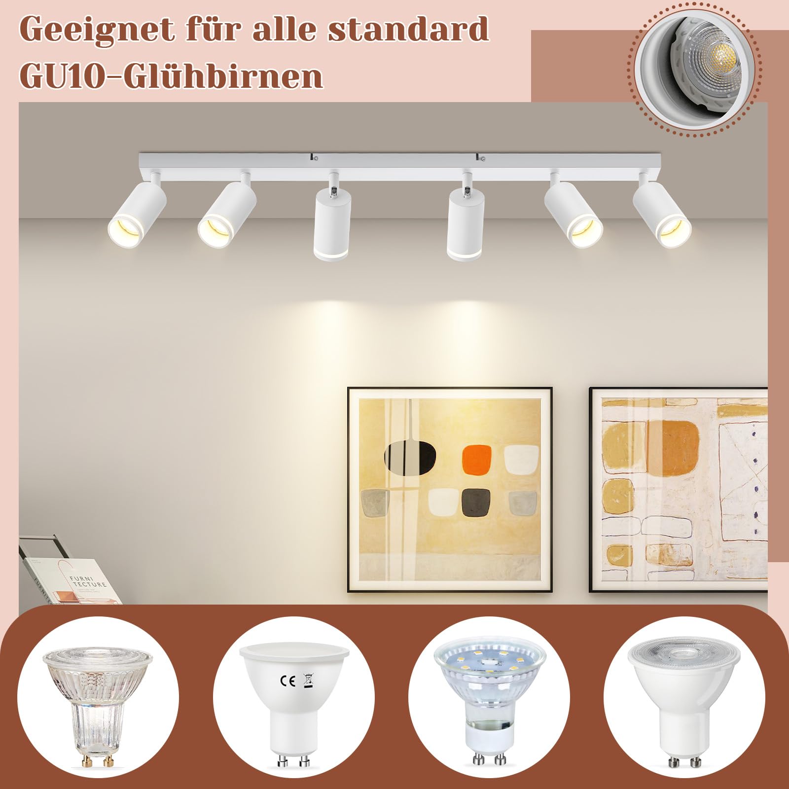 Deckenstrahler 6 Flammig Deckenlampe Schwarz GU10 Strahler für Wohnzimmer | Deckenleuchte Schwenkbar Metall Spotleuchte für Schlafzimmer Küche Wohnzimmer Flur Modern, Ohne Leuchtmittel
