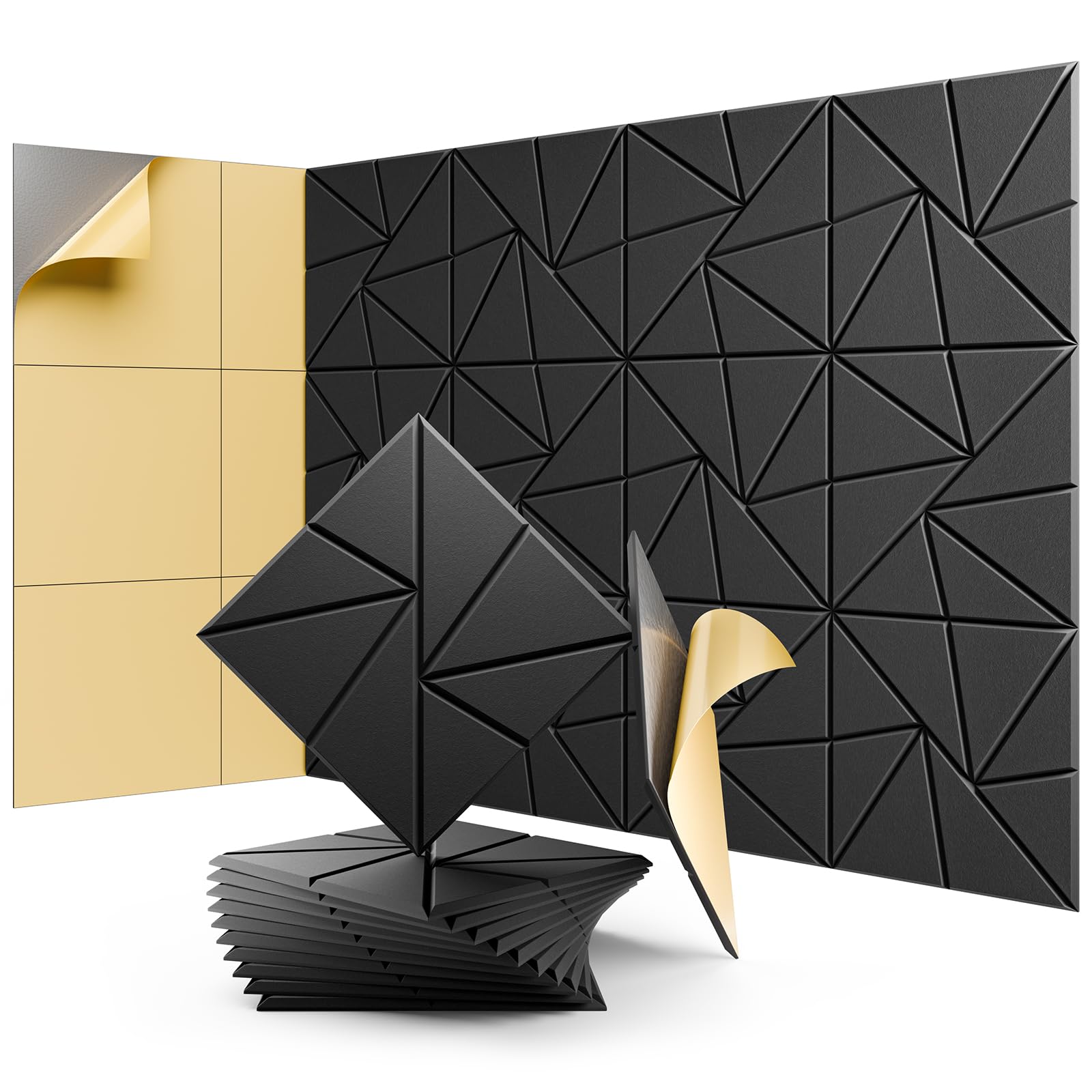 Paquete de 12 paneles acústicos, paneles de espuma a prueba de sonido para paredes, paneles de pared autoadhesivos de alta densidad, 12 x 12 x 0.4 pulgadas, paneles de absorción de sonido para el