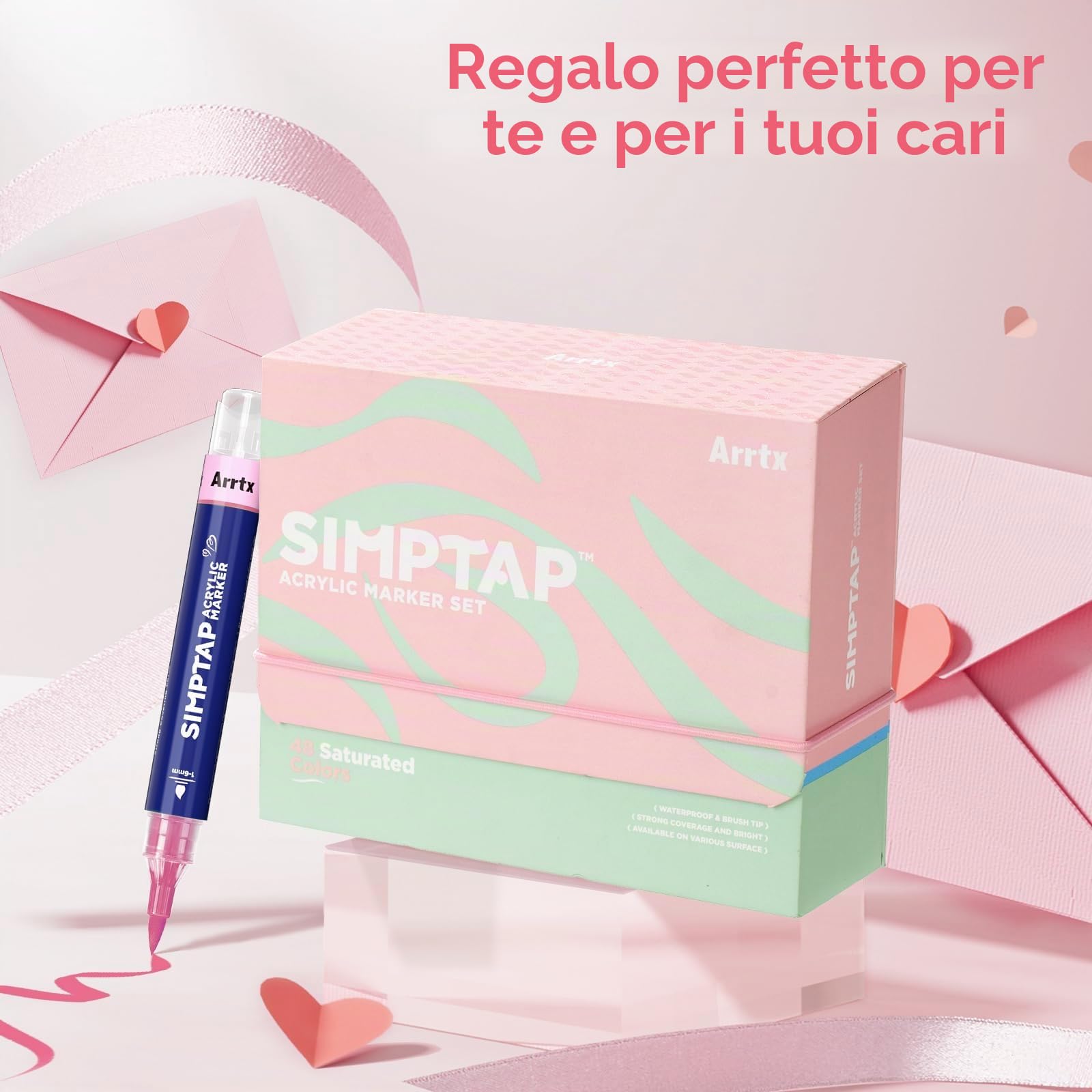 Arrtx Pennarello acrilico, serie Simptap, forte opacità, punta a pennello per pittura rock, fai da te, confezione da 48