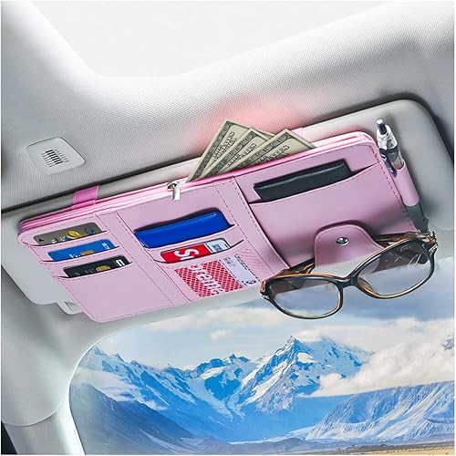 Miniatura 1 de Organizador de visera solar para automóvil, bolsillo de almacenamiento de cuero con cremallera para tarjetas, registro de licencia, bolígrafos,