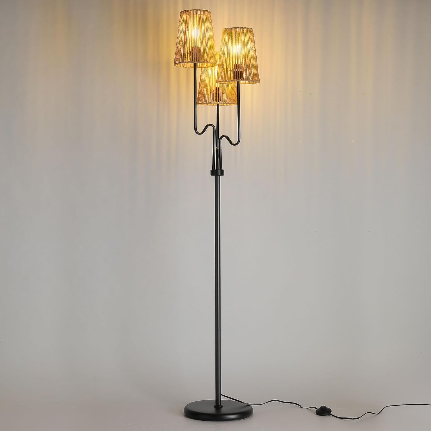 Boho Floor Lamp, 68in. Rattan Floor Lamps with Rattan Shade,3 Light Tree Standing Lamp for Bedroom,Nursery,E26 Socket, Living Room Floor Lamp for Rustic,Coastal, Beach or Bohemian Decor (Black)