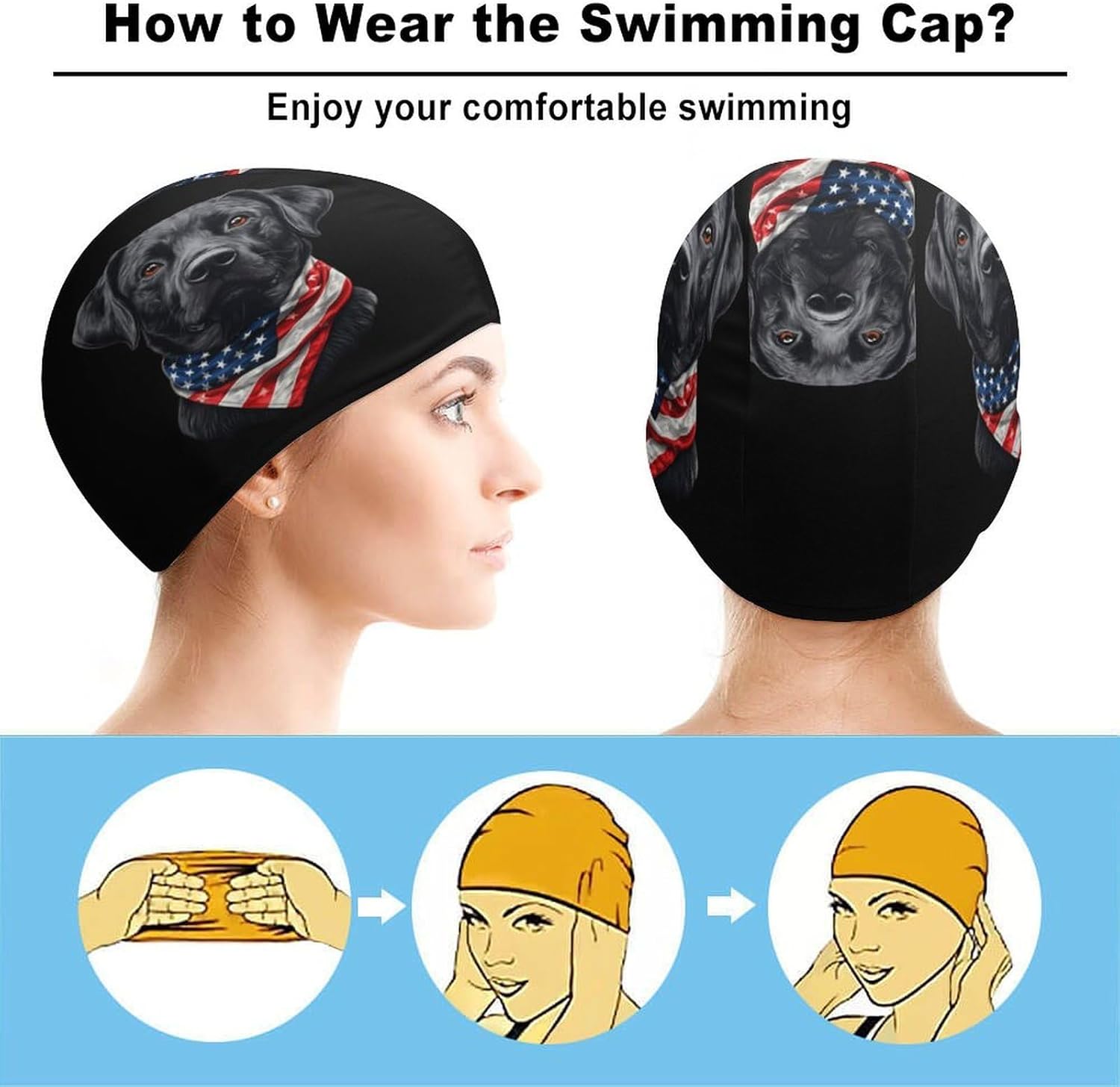 Labrador Retriever Dog U.S.A Flag Womens Swim Cap for Men Adult Swimming Hat Curly Short Medium Long Hair