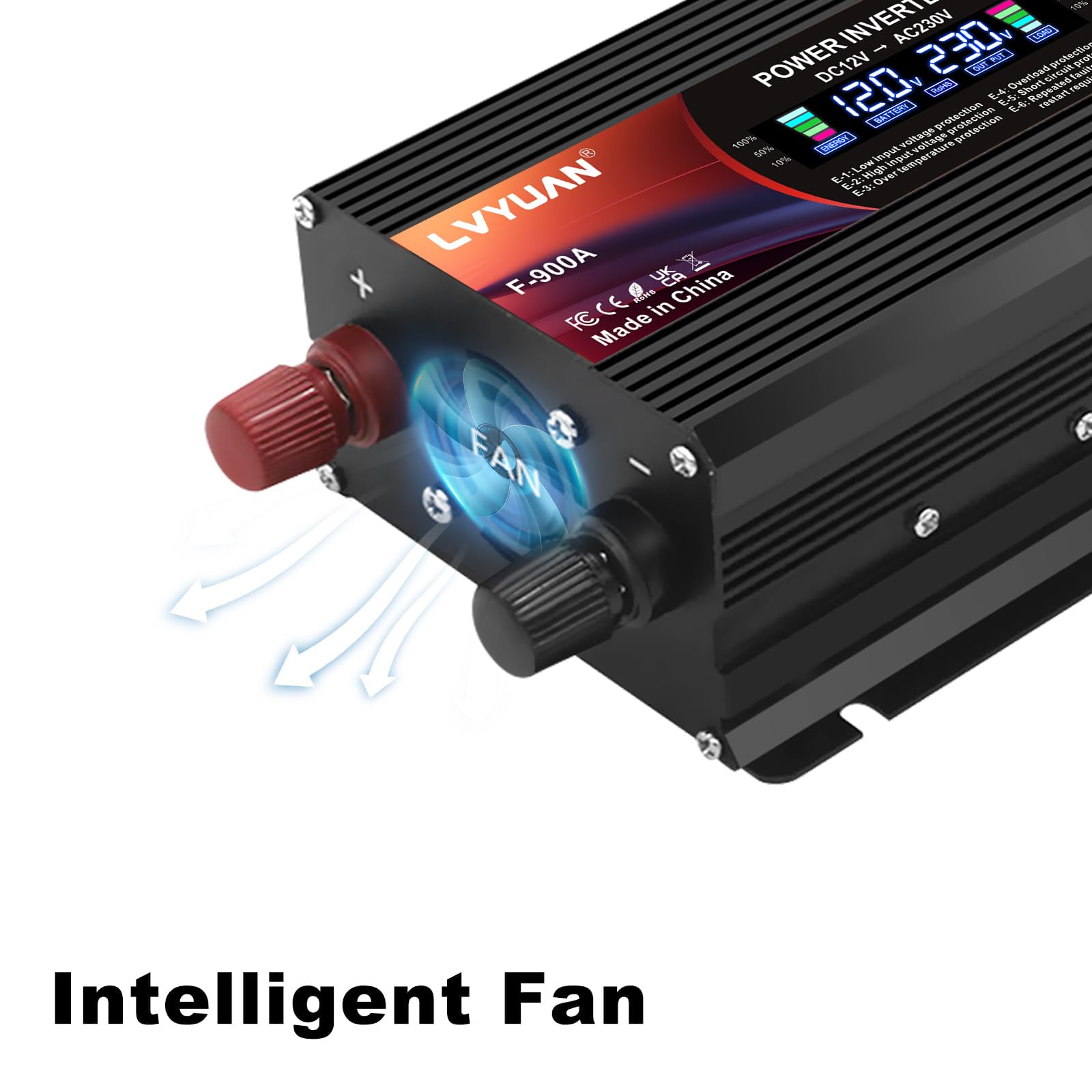 LVYUAN Inversor 12V 220V 230V 900W Transformador Convertidor de tensión con enchufes UE, 2 USB, Pinza cocodrilo, Encendedor de Cigarrillos y Pantalla LCD Inversor Pico 1800W