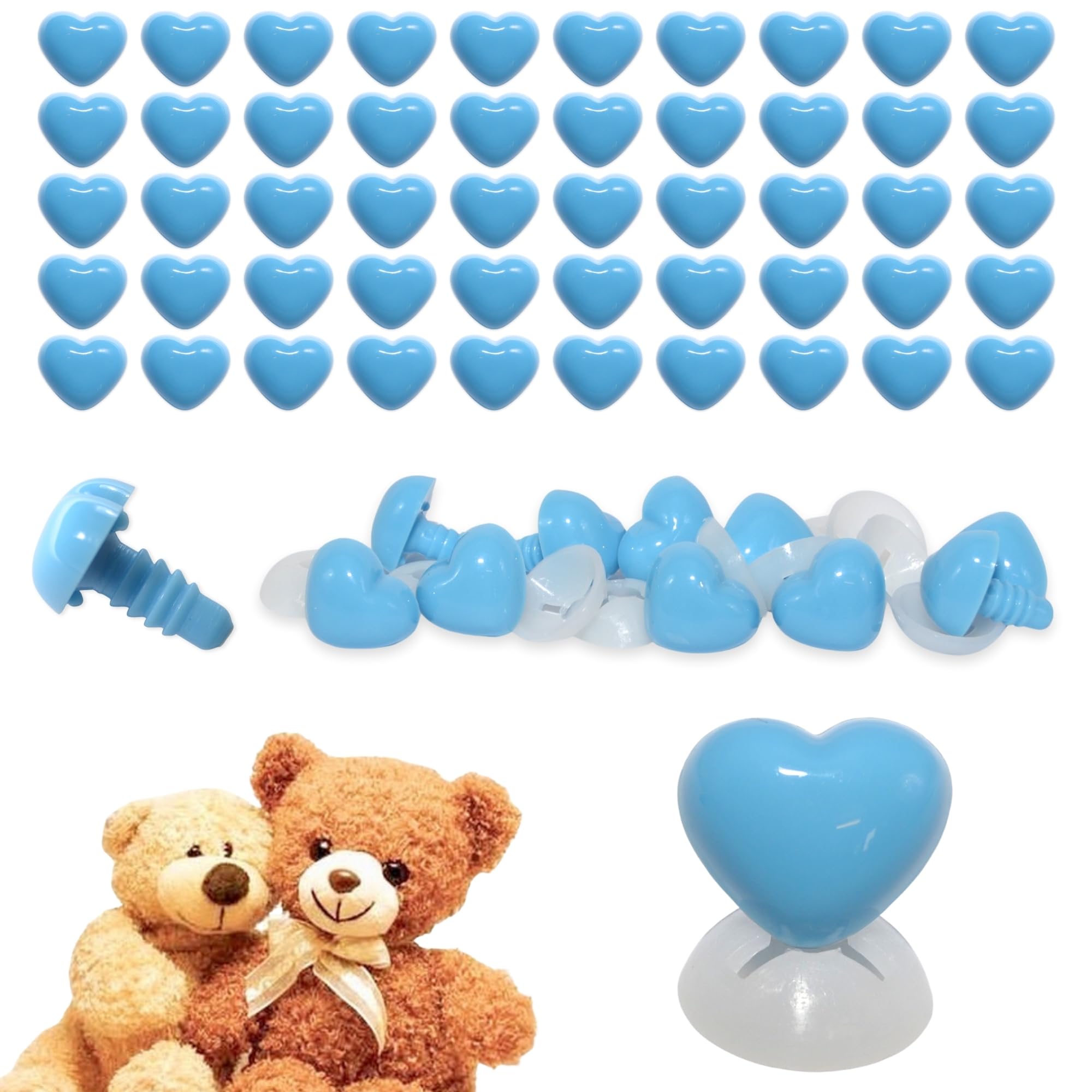 celloexpress 18mm x 15mm Deep Sky Blue Heart Noses with Plastic Backs - Safety Noses for Soft Toy Teddy Bear Animal Making (Pack of 50)
