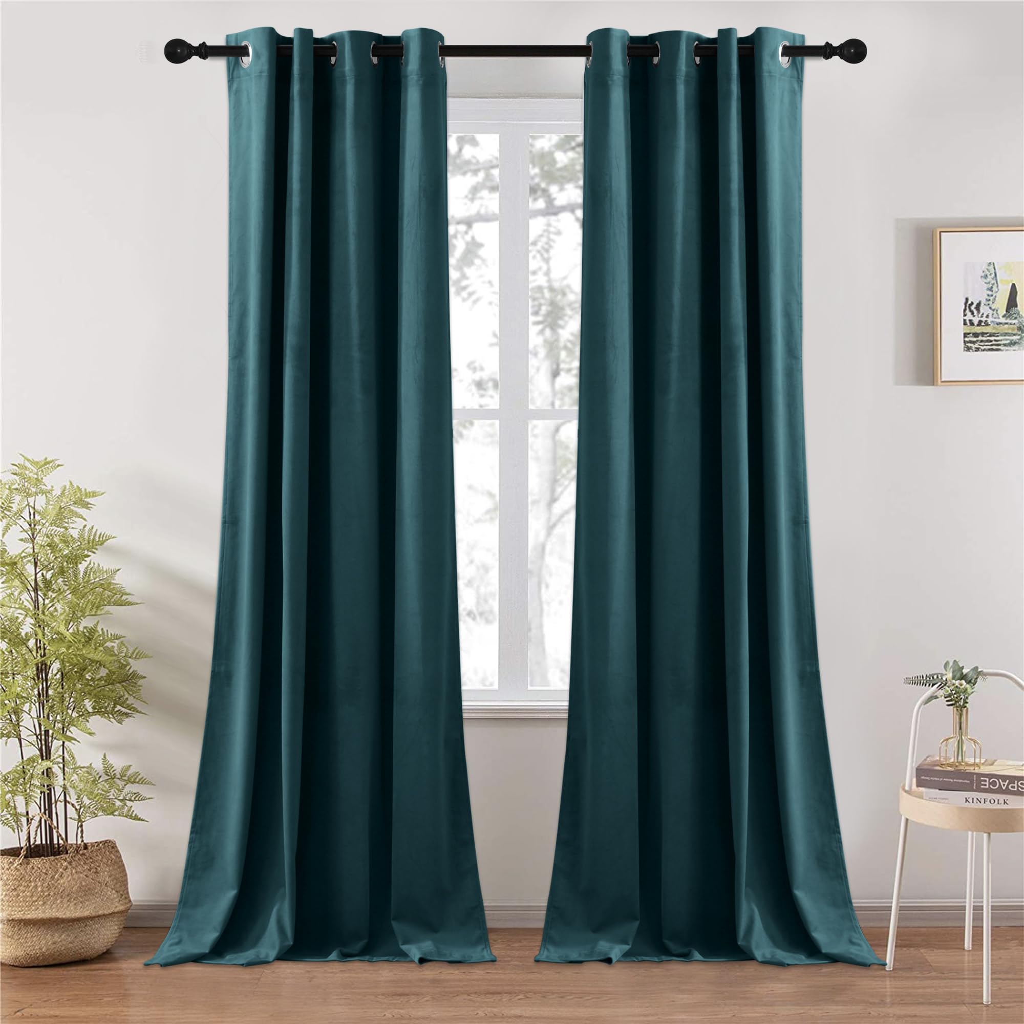 RYB HOME Teal Velvet Curtains 84 inch Length 2 Panels Set, Blackout Velvet Curtains Drapes for Light & Draft Block Holiday Decor for Bedroom Living