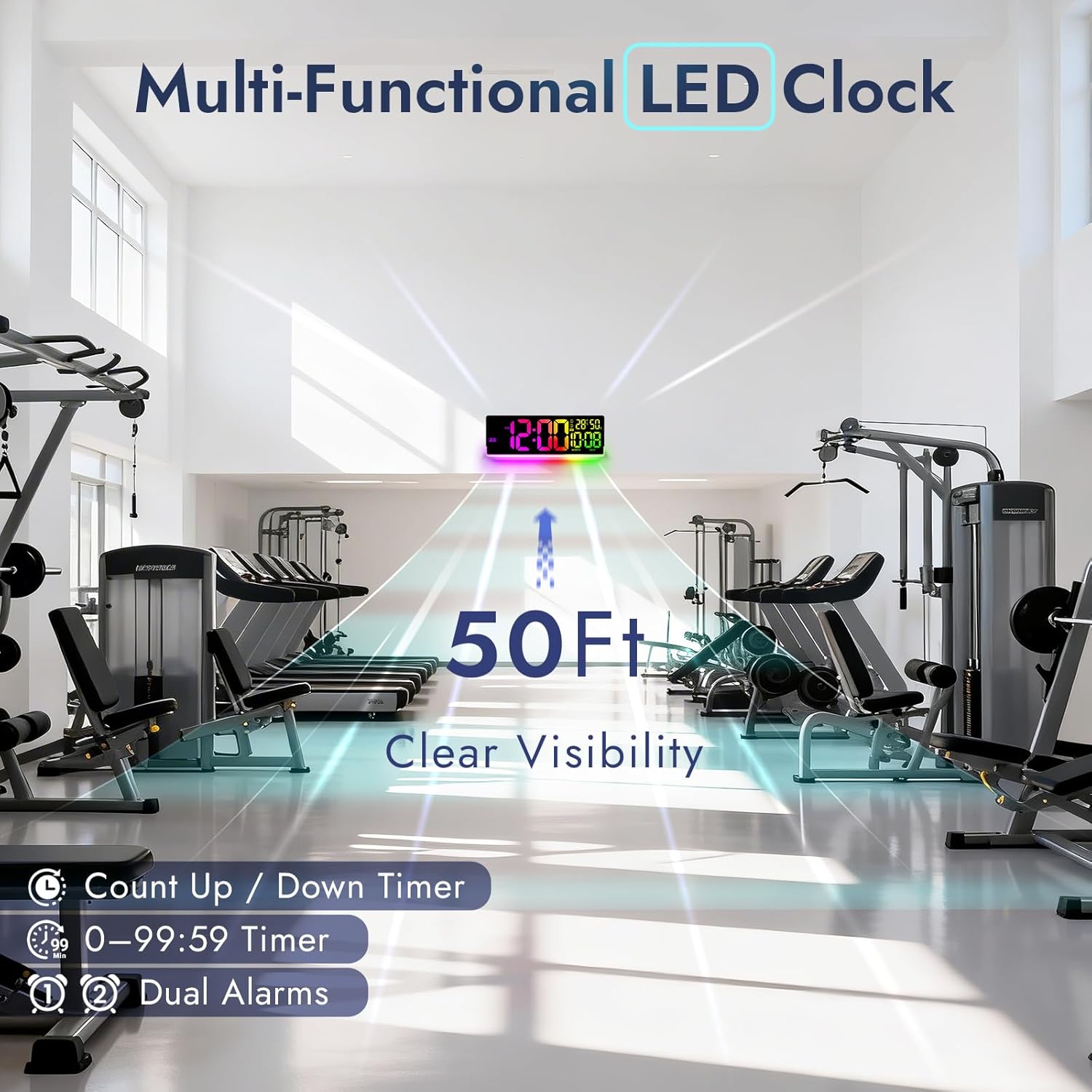 16.5" Large Digital Wall Clock: 11 Screen Colors and 13 U-Shaped RGB Backlight Modes with Sync Screen, Auto DST, Temp & Humidity, Dual Alarm & Timer – Digital Clock for Gym, Classroom, Gaming Room