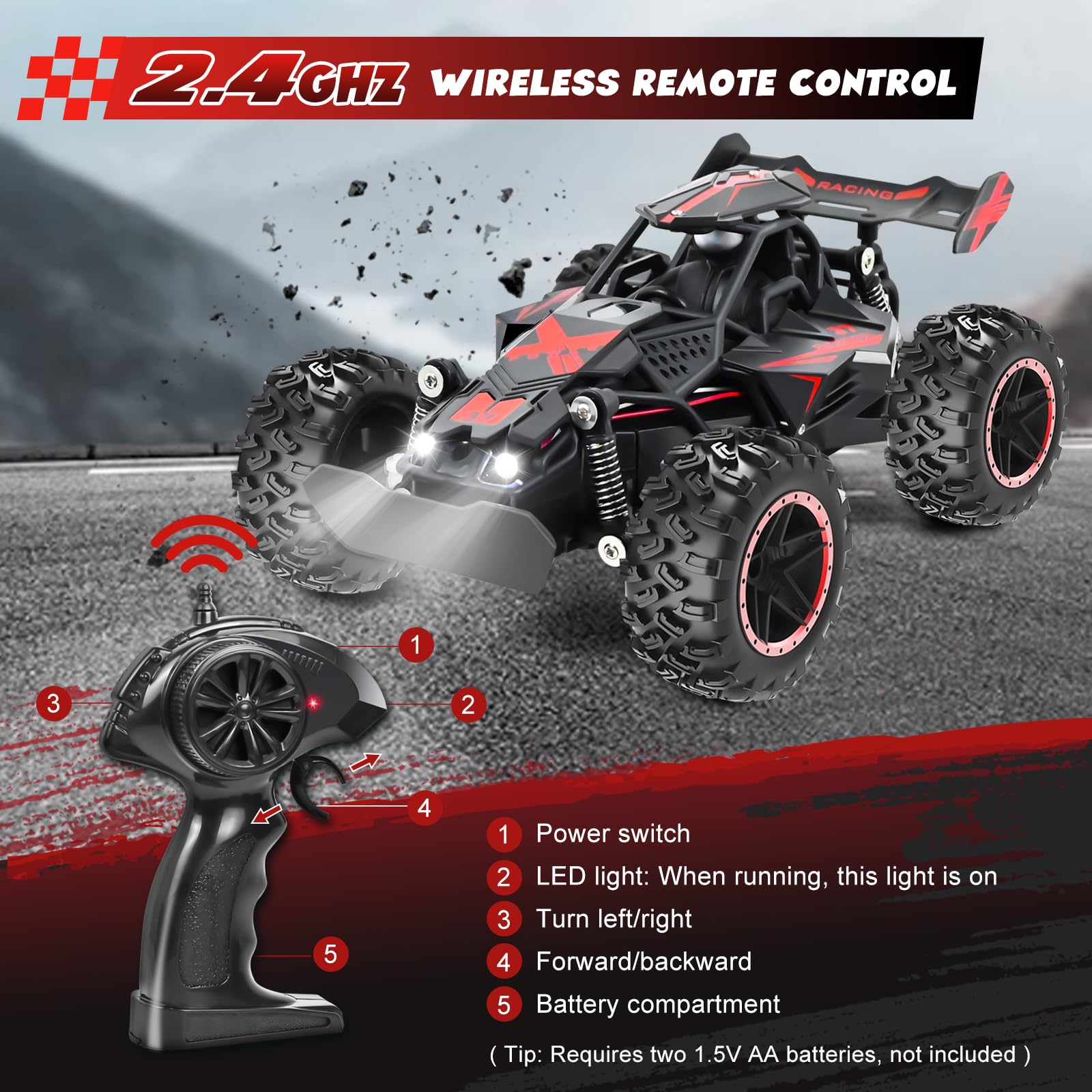 PATEMZON Macchina Telecomandata per Bambini, 2.4GHz 15+KM/H Monster Truck Telecomandato, 1:18 Auto Telecomandata con Luce, Natale Compleanno Giocattoli Giochi Regalo per 3 4 5 6 7 8 Anni
