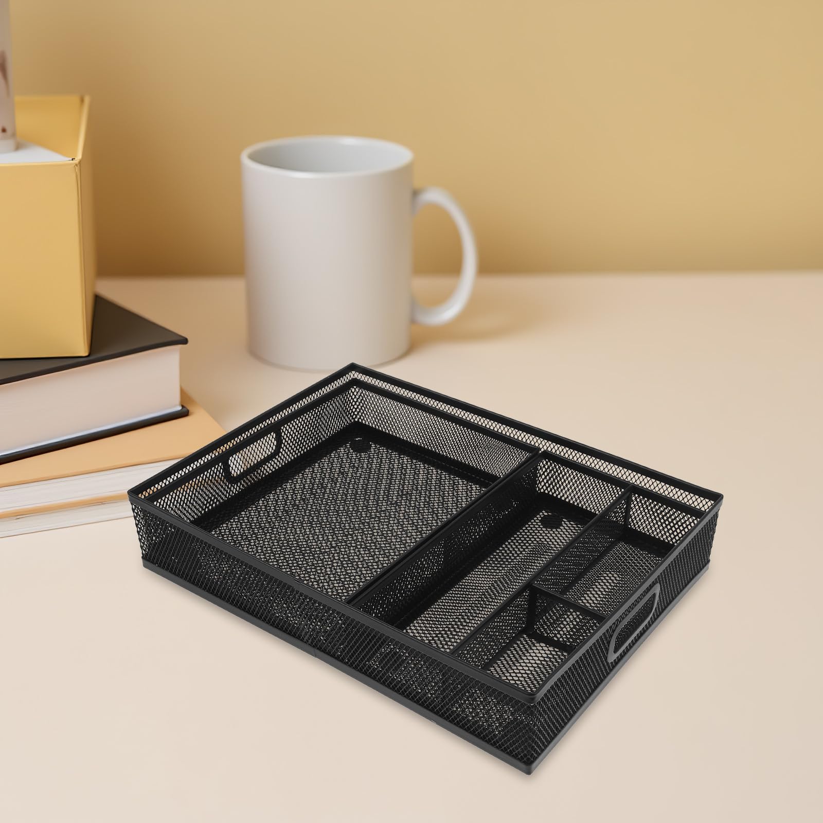 NUOBESTY 3 Piezas Organizador de Cajones para Oficina de Metal Negro Compartimentos Divididos, Diseño Moderno y Versátil para Almacenamiento en Hogar y Cocina