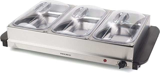Progress EK3665P 3 Pan Electric Buffet Server & Hot Plate/Food Warmer Tray, 3 x 2.5L Removable Sections, Adjustable Temperature, 300W Portable Chafing Dish, Bain Marie, Catering Buffet Serving Tray